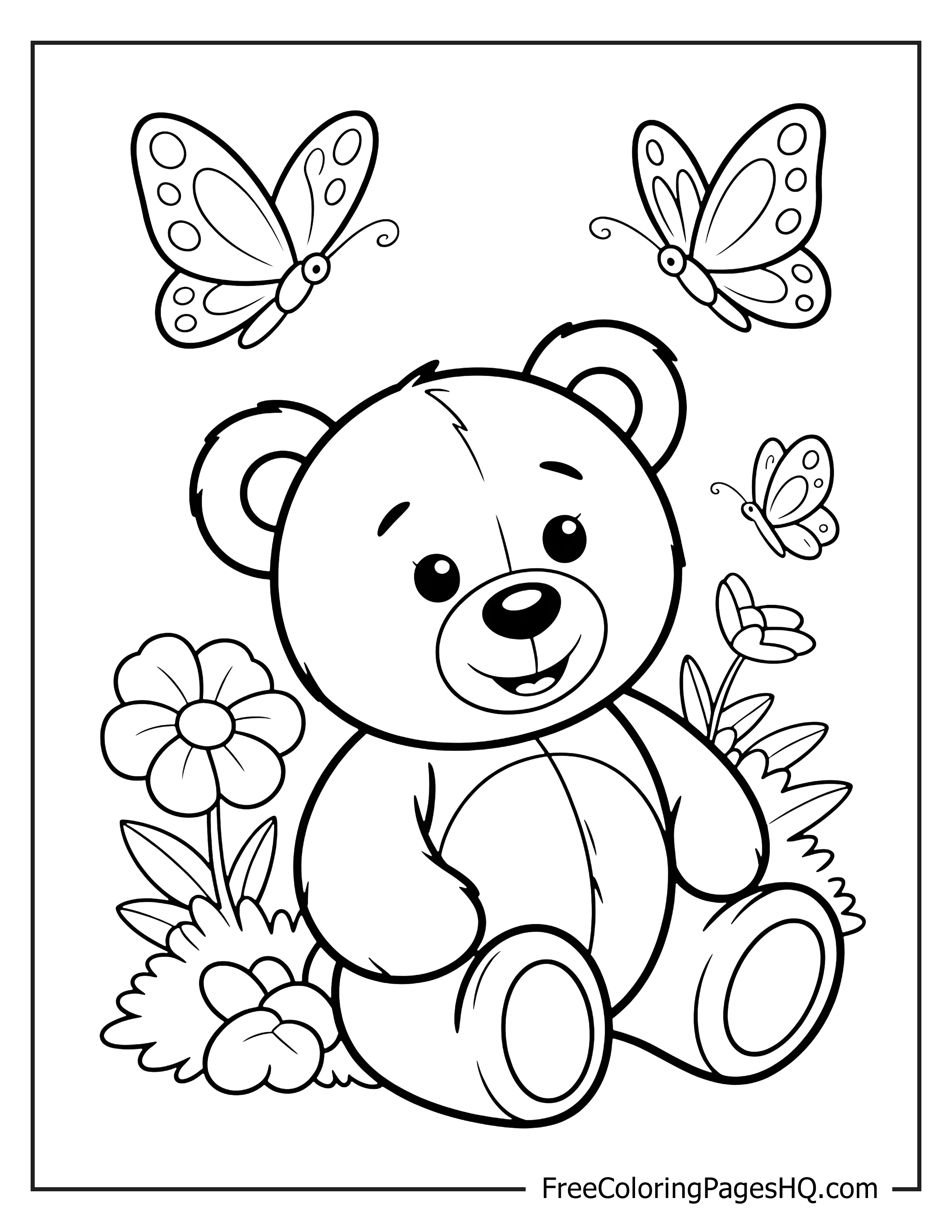 Illustration of a teddy bear with flowers and butterflies.