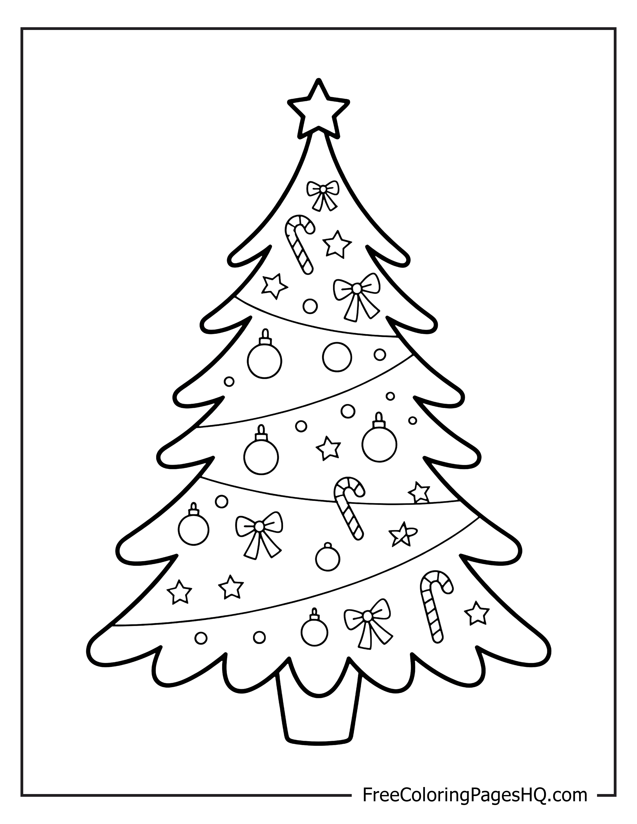 Decorated Christmas tree illustration with ornaments and star.