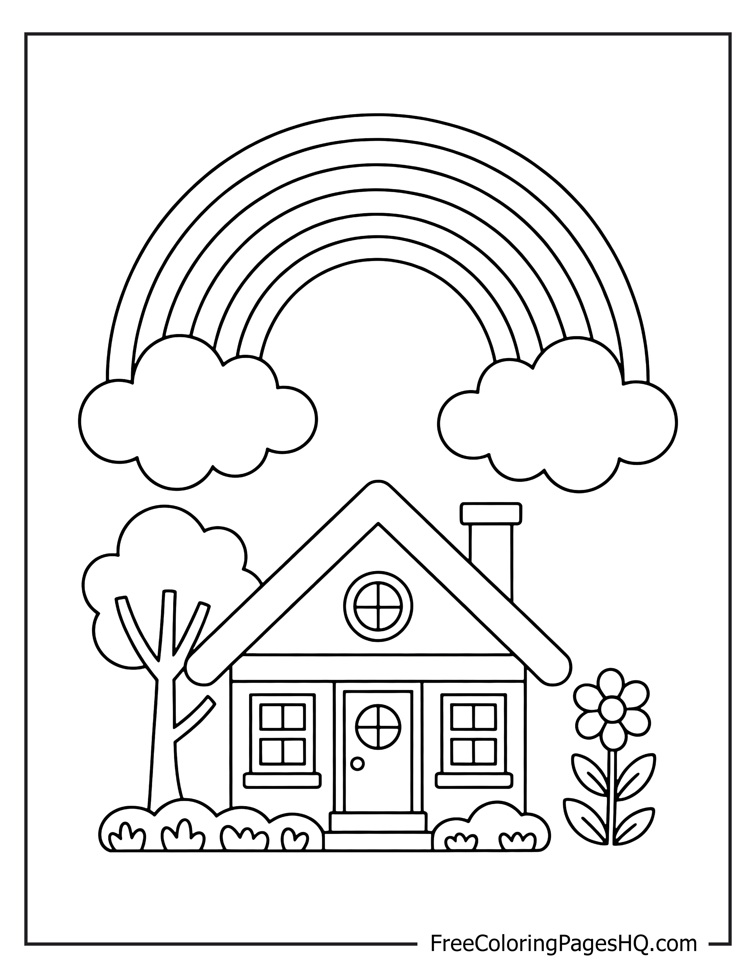 Cottage beneath a rainbow with clouds and greenery.