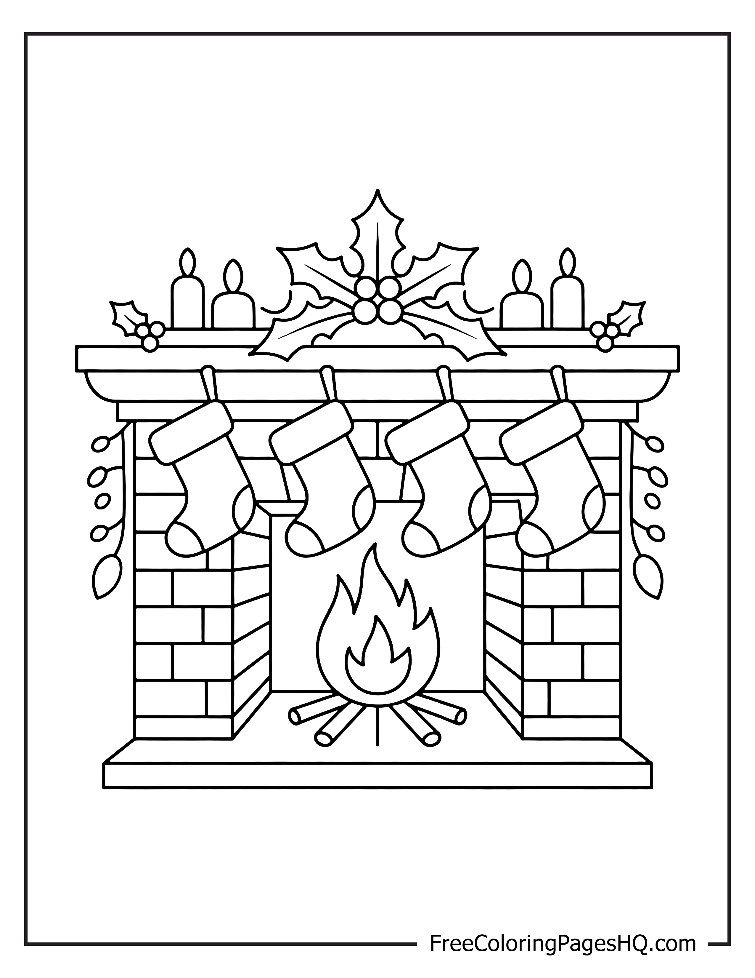 Illustration of a fireplace with stockings and festive decorations.