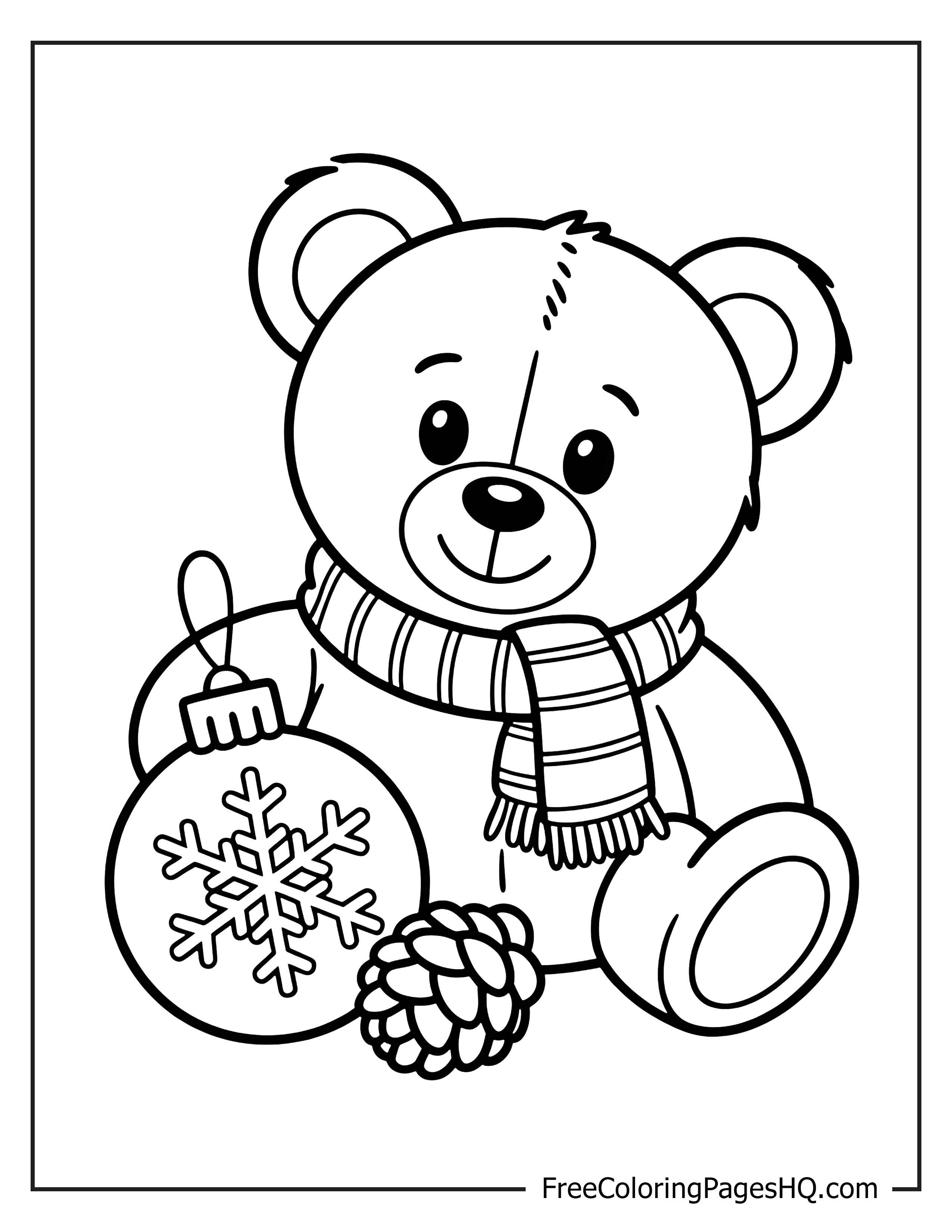 Bear with scarf and holiday ornaments illustration.