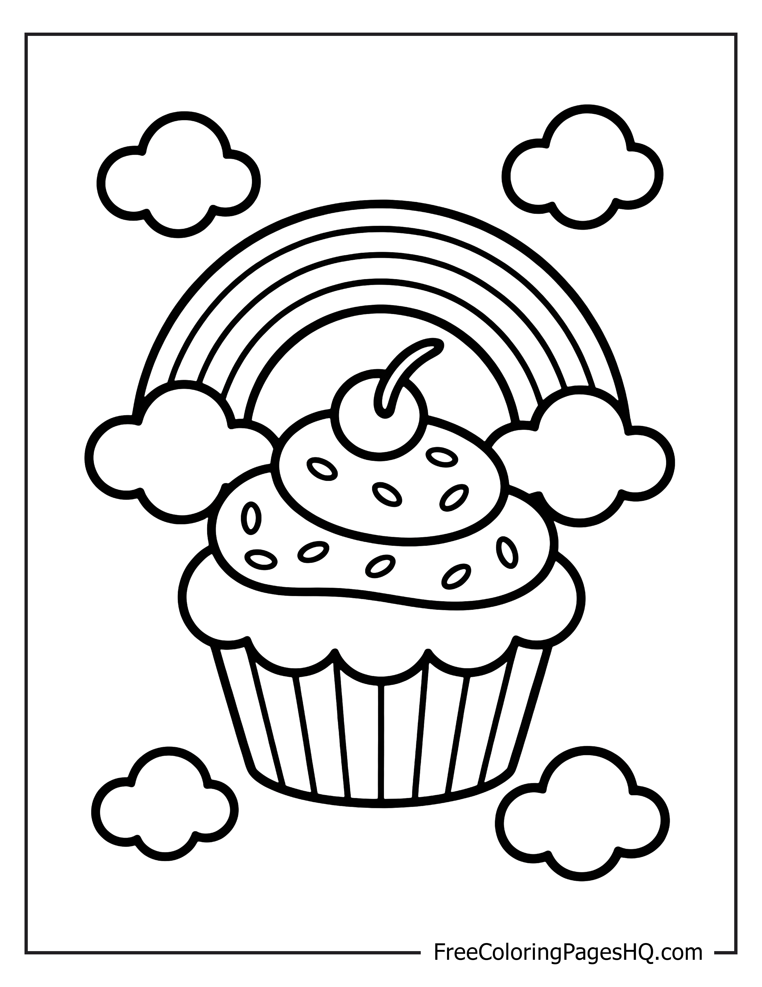 Cupcake illustration with a rainbow and clouds.