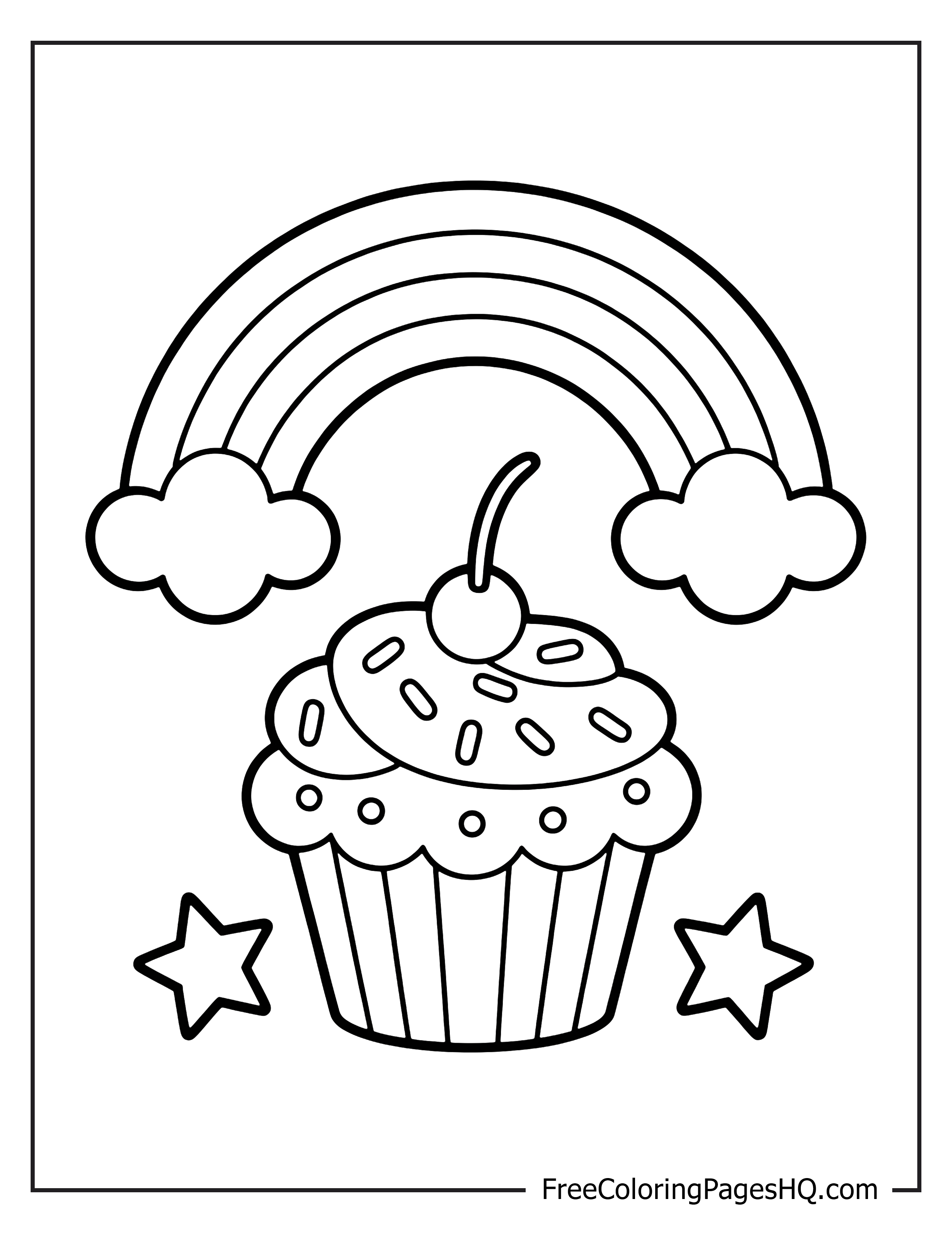 Cupcake illustration with a rainbow and stars around it.