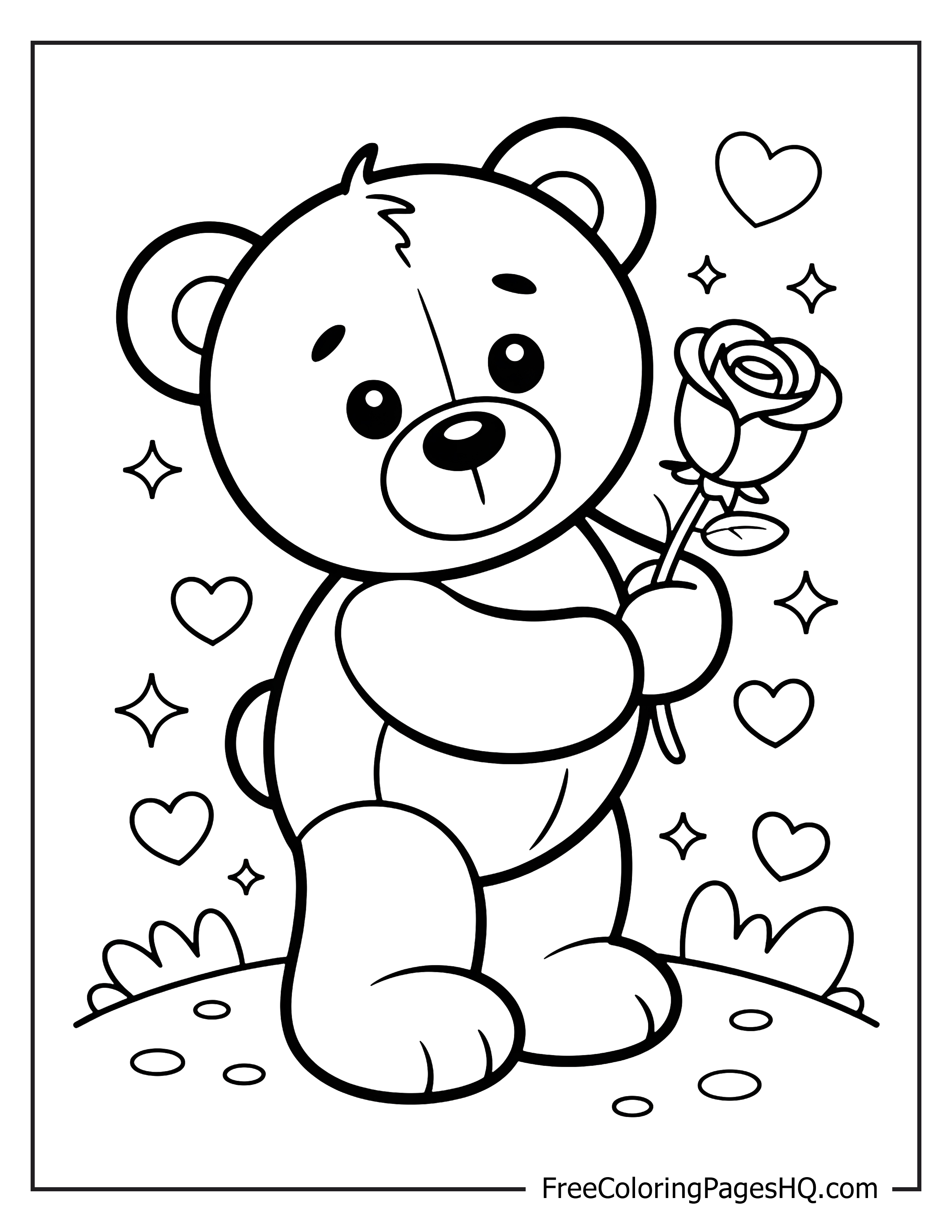 Adorable bear with a rose and heart decorations.