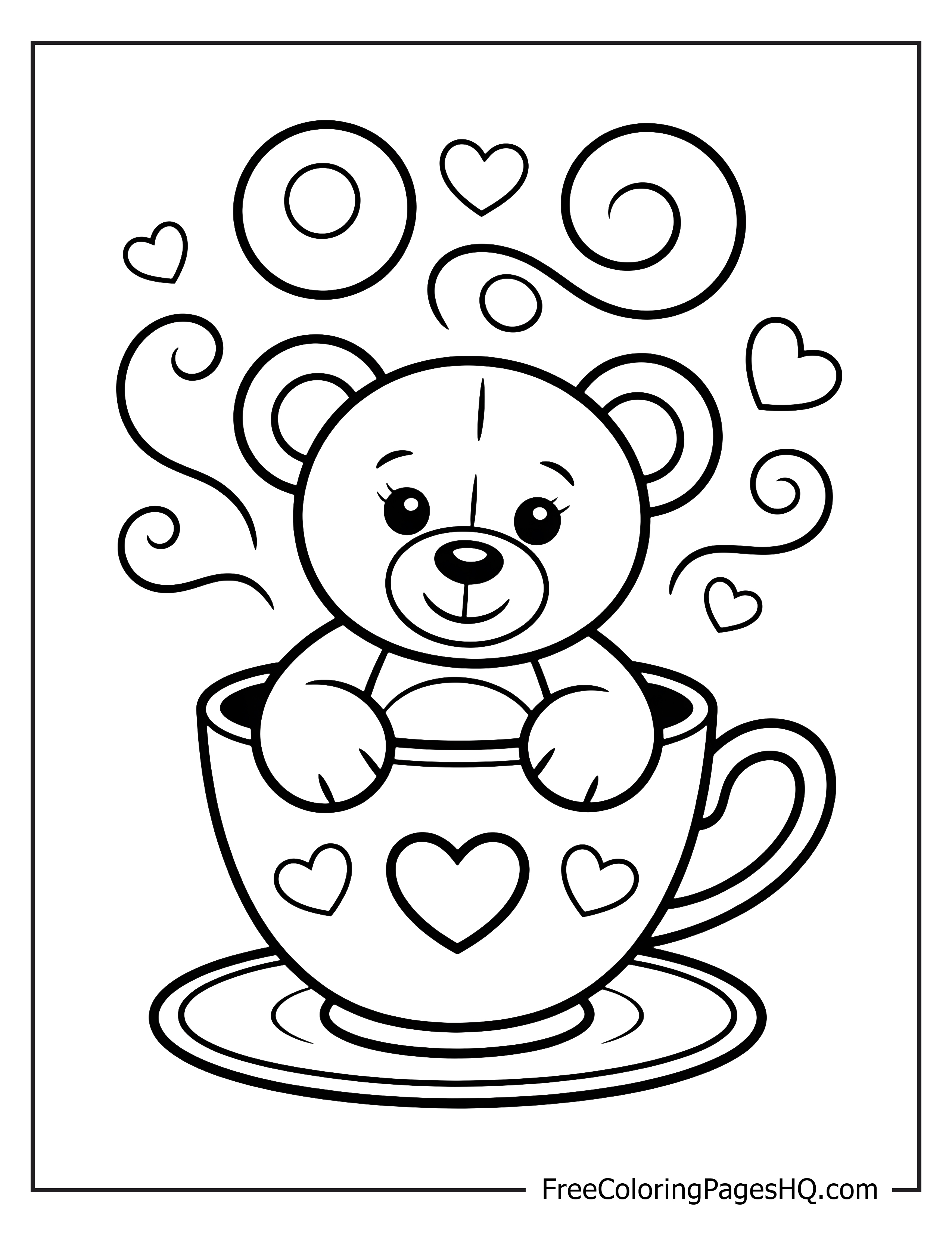 Illustration of a bear in a teacup with decorative hearts.
