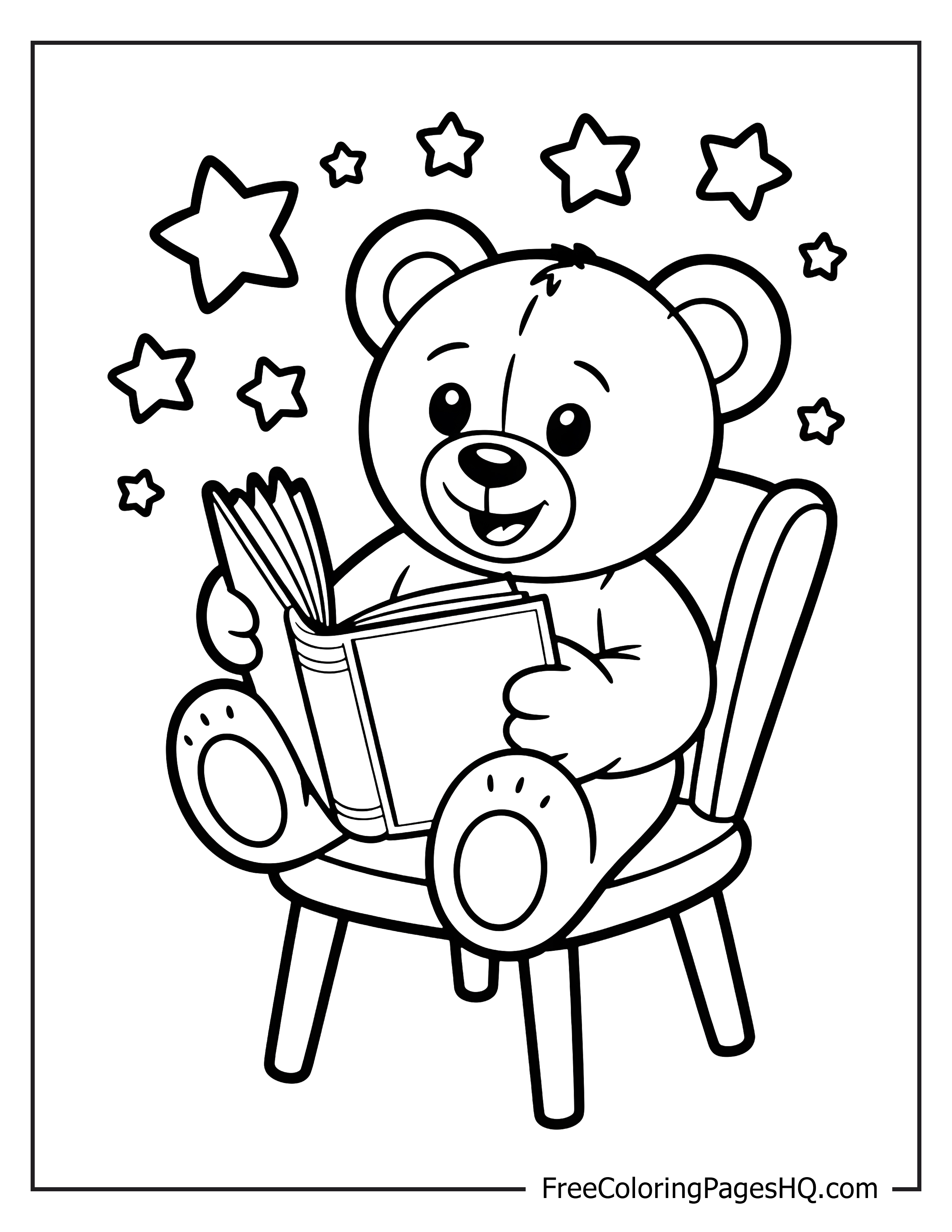 Teddy bear joyfully reading a book with stars around.