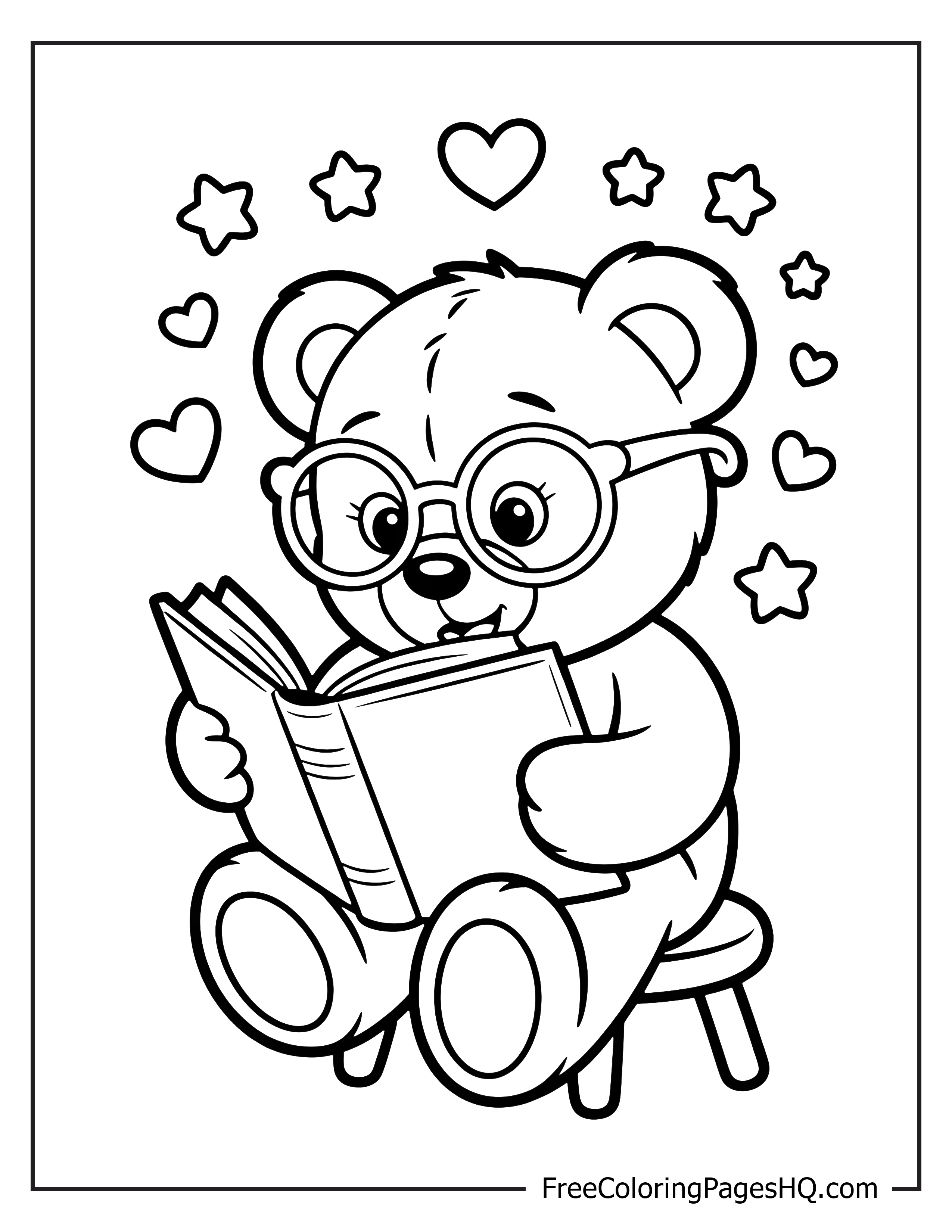 Bear with glasses enjoying a book with playful decorations.