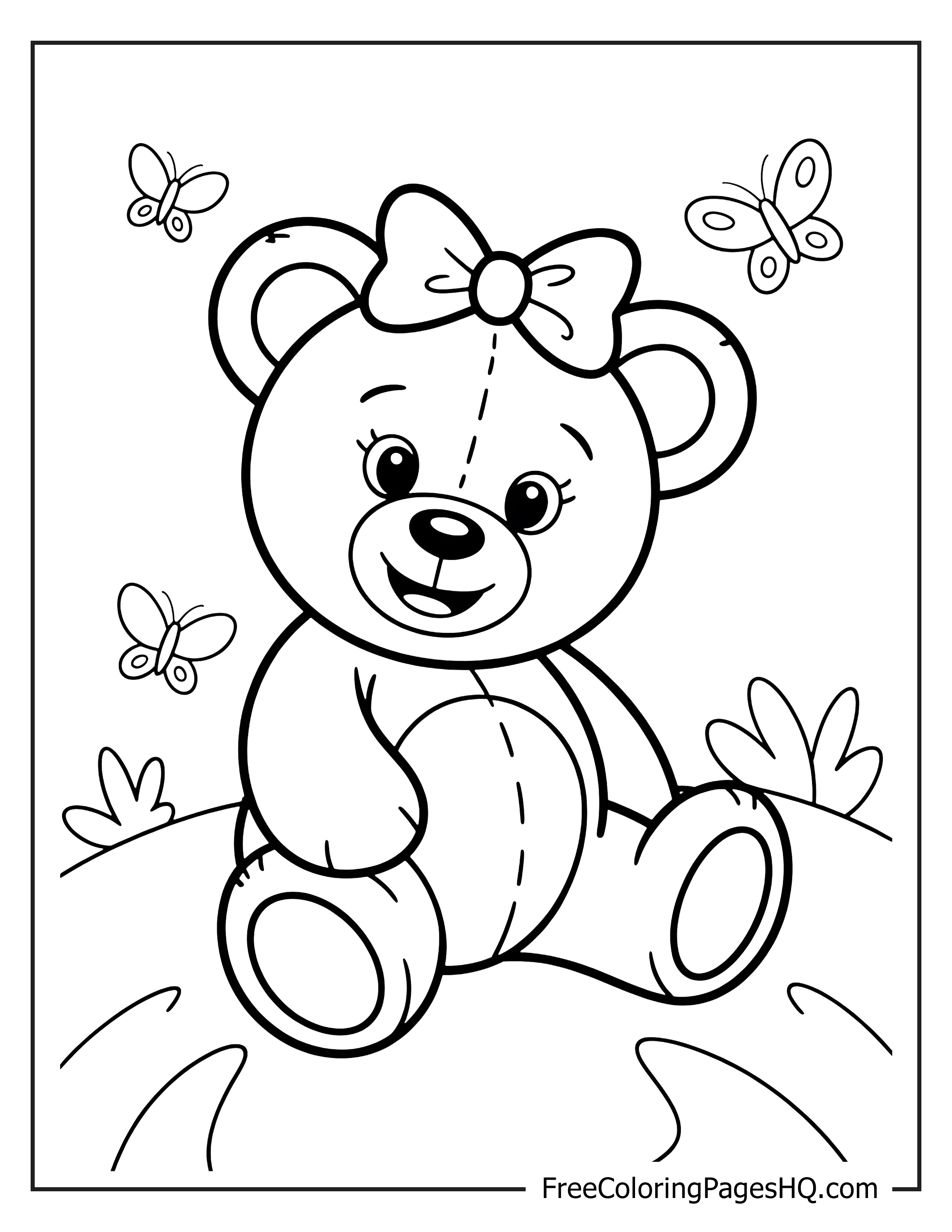 Adorable bear with a bow and butterflies around it.