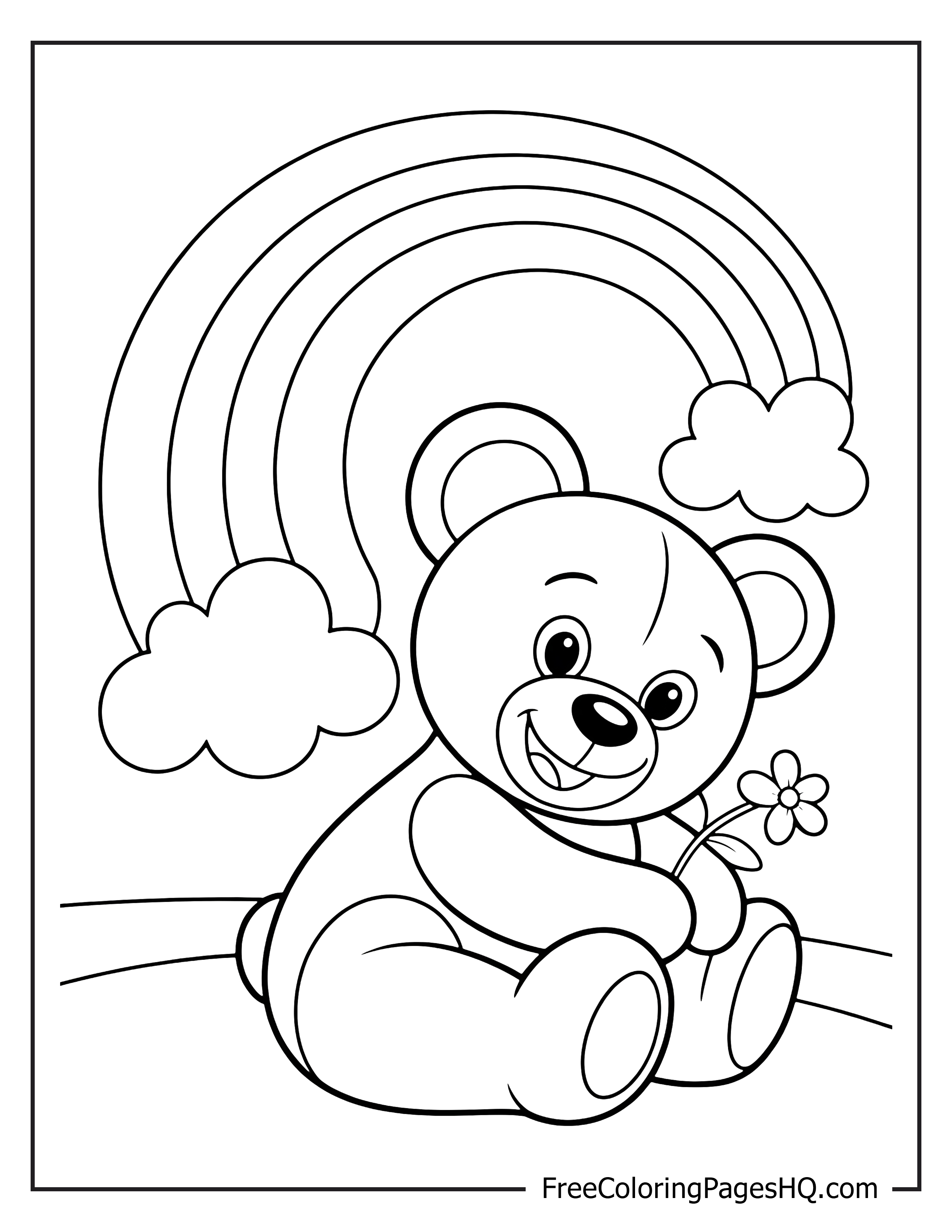 Smiling bear with a flower under a rainbow.