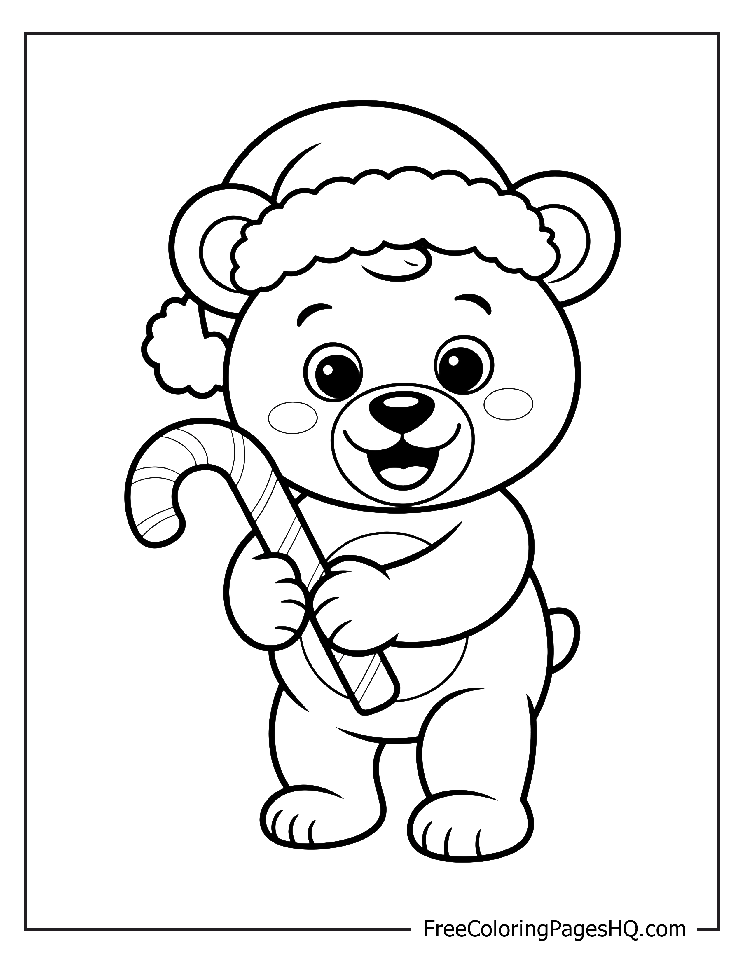 Cute bear wearing a Santa hat with a candy cane.