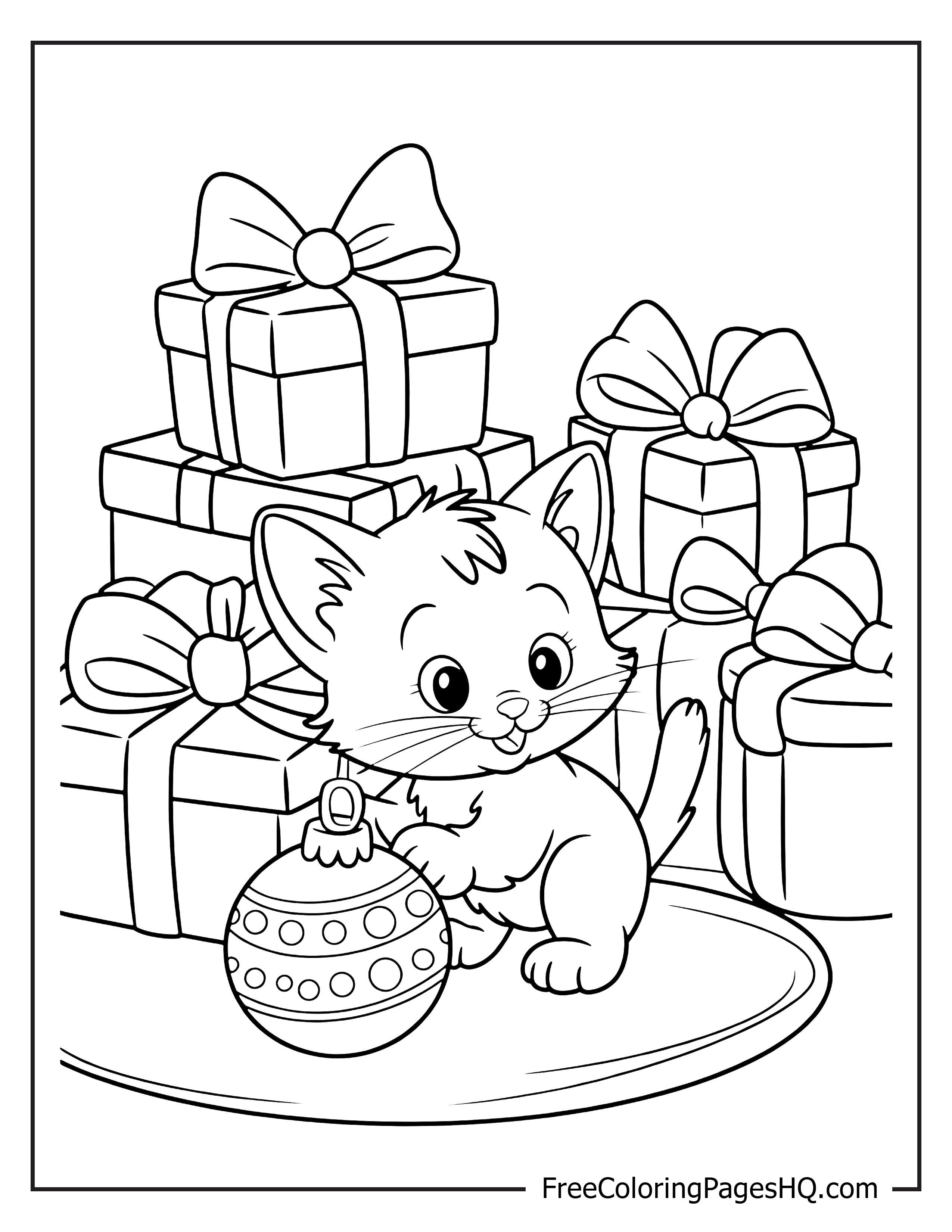 Adorable kitten surrounded by gifts and a hanging ornament.