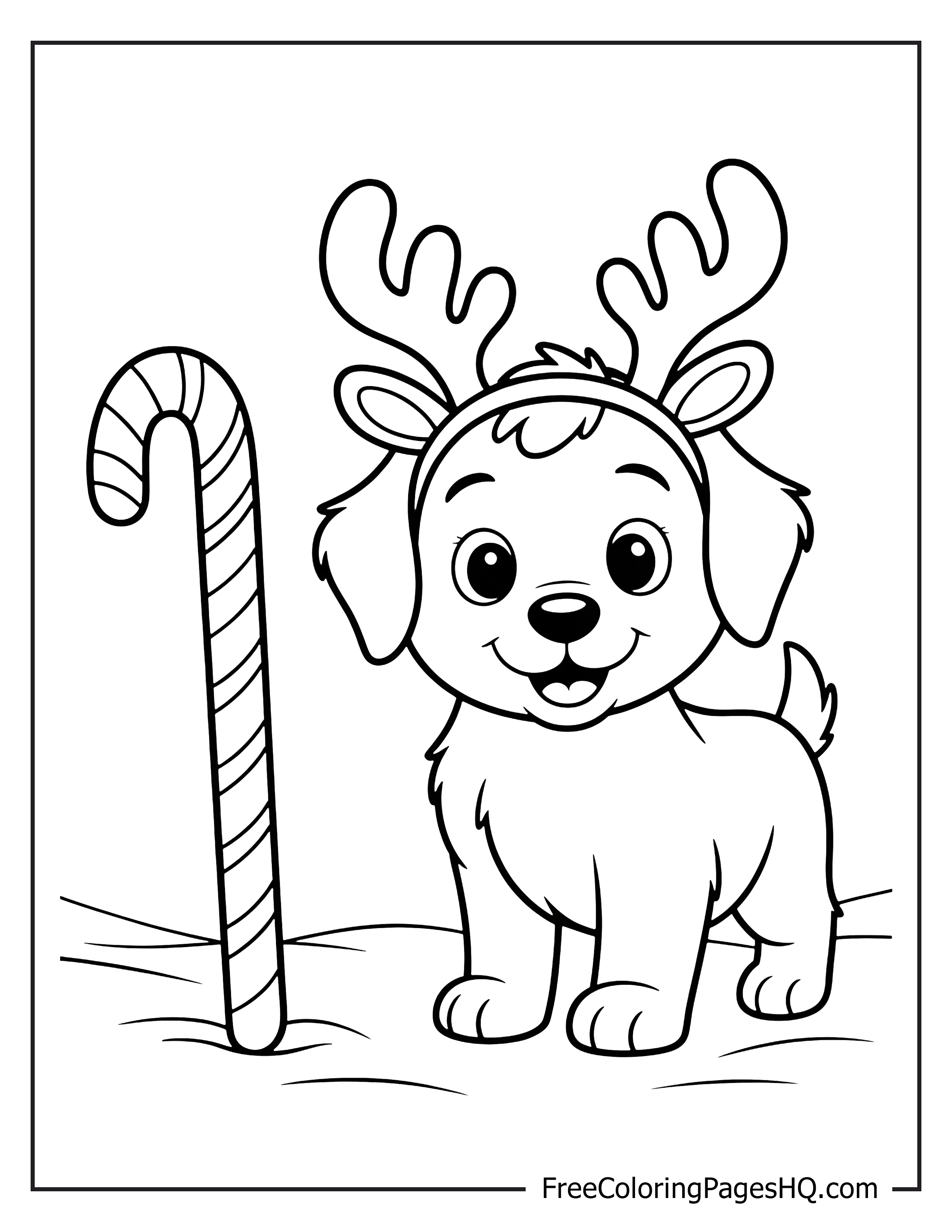 Adorable reindeer next to a striped candy cane.
