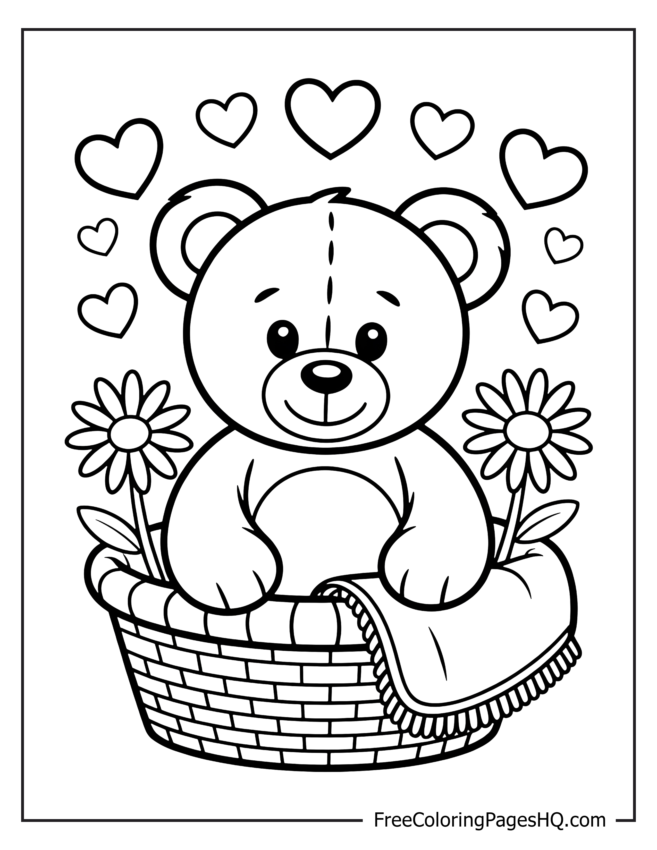 Teddy bear sitting in a basket with hearts and flowers.