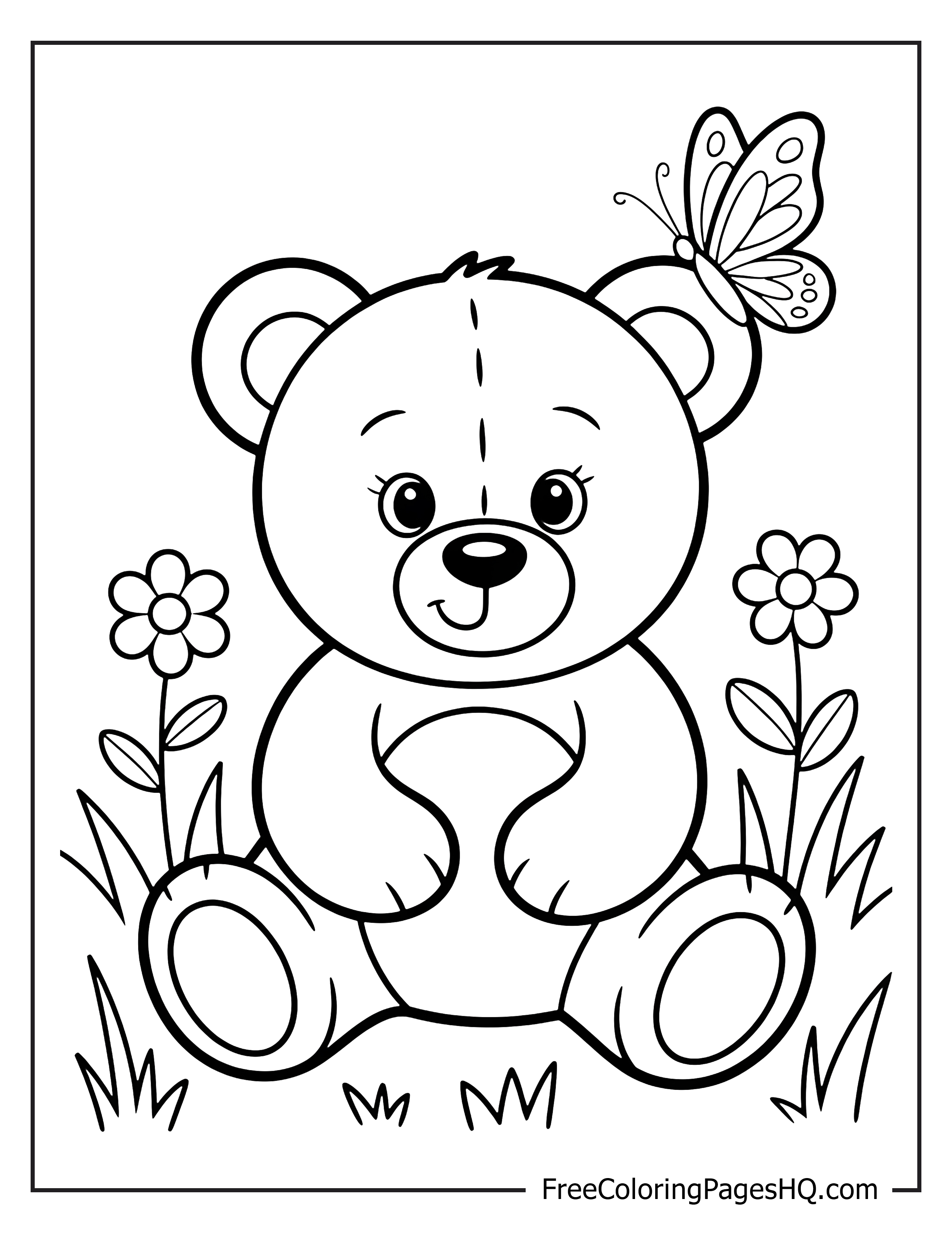 Cute teddy bear and butterfly sitting in a garden.