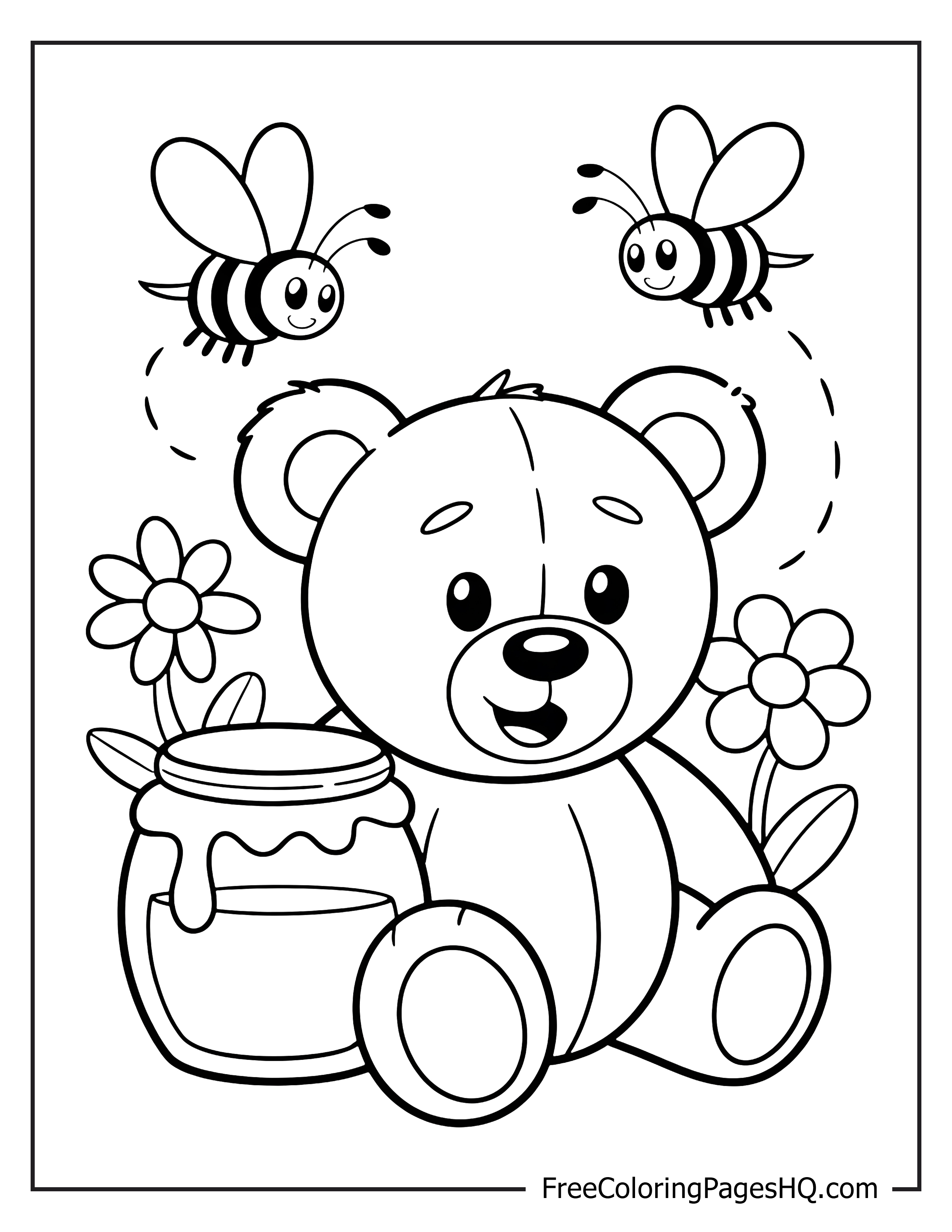 Teddy bear with honey and happy bees illustration.