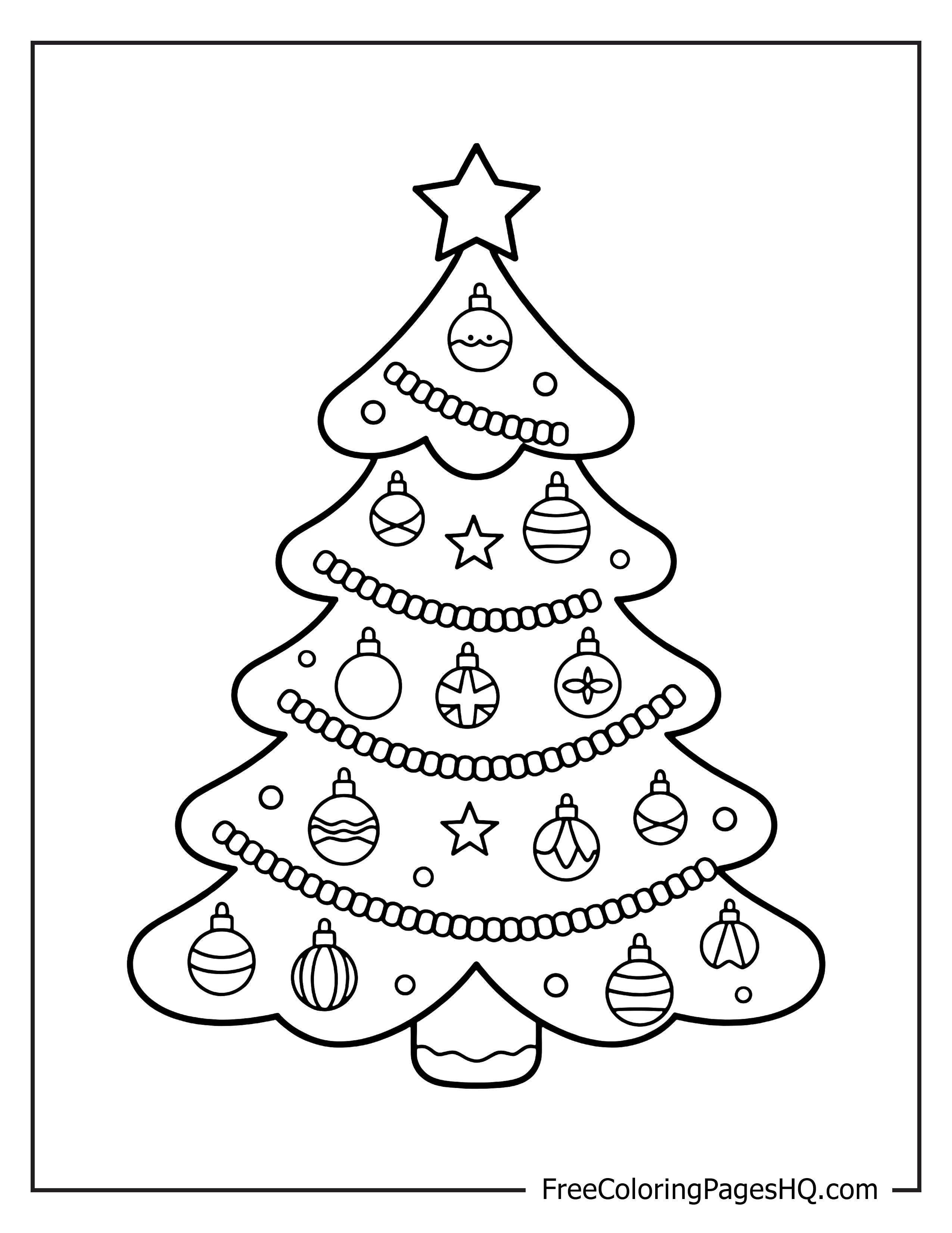 Christmas tree illustration with baubles and hanging beads.