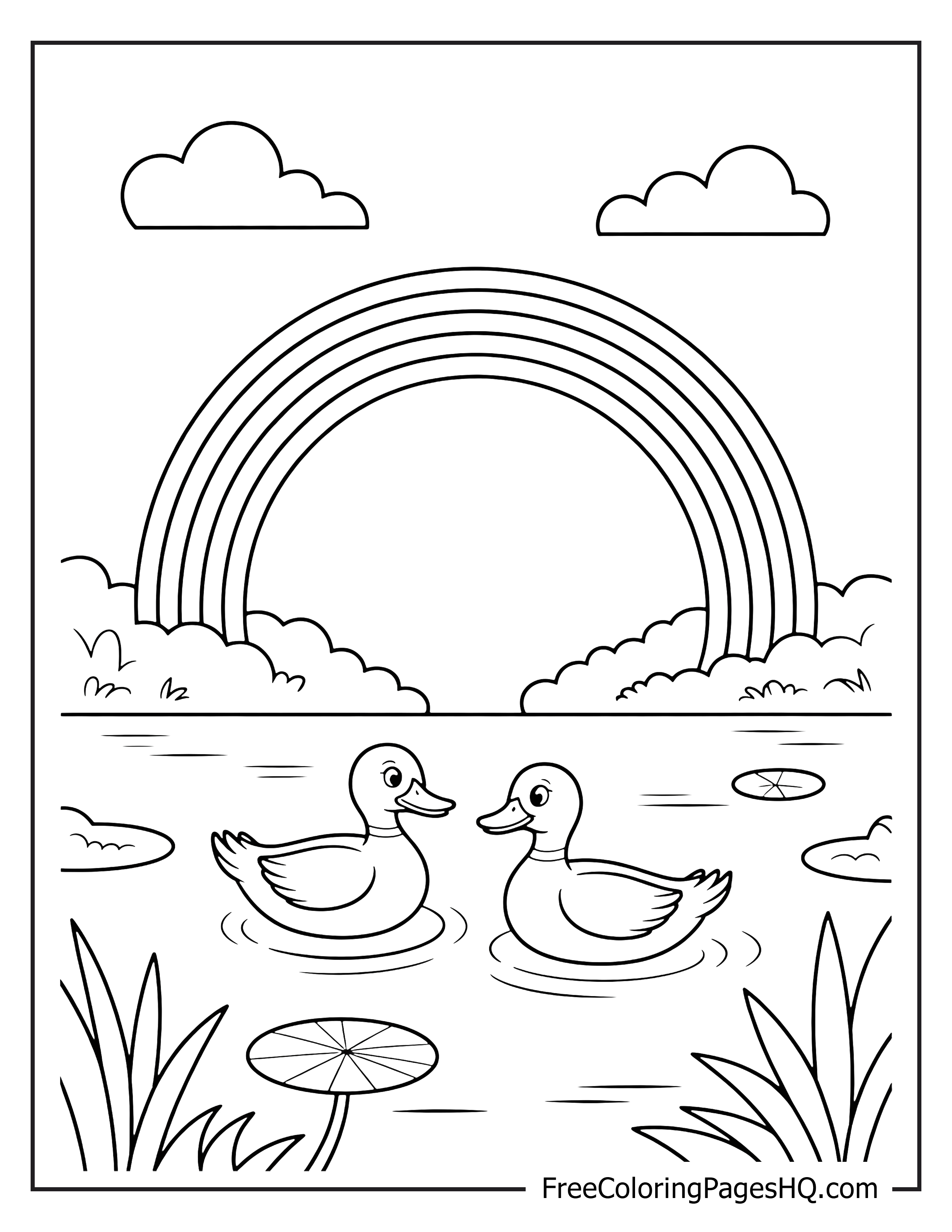 Ducks swimming in a pond under a rainbow.