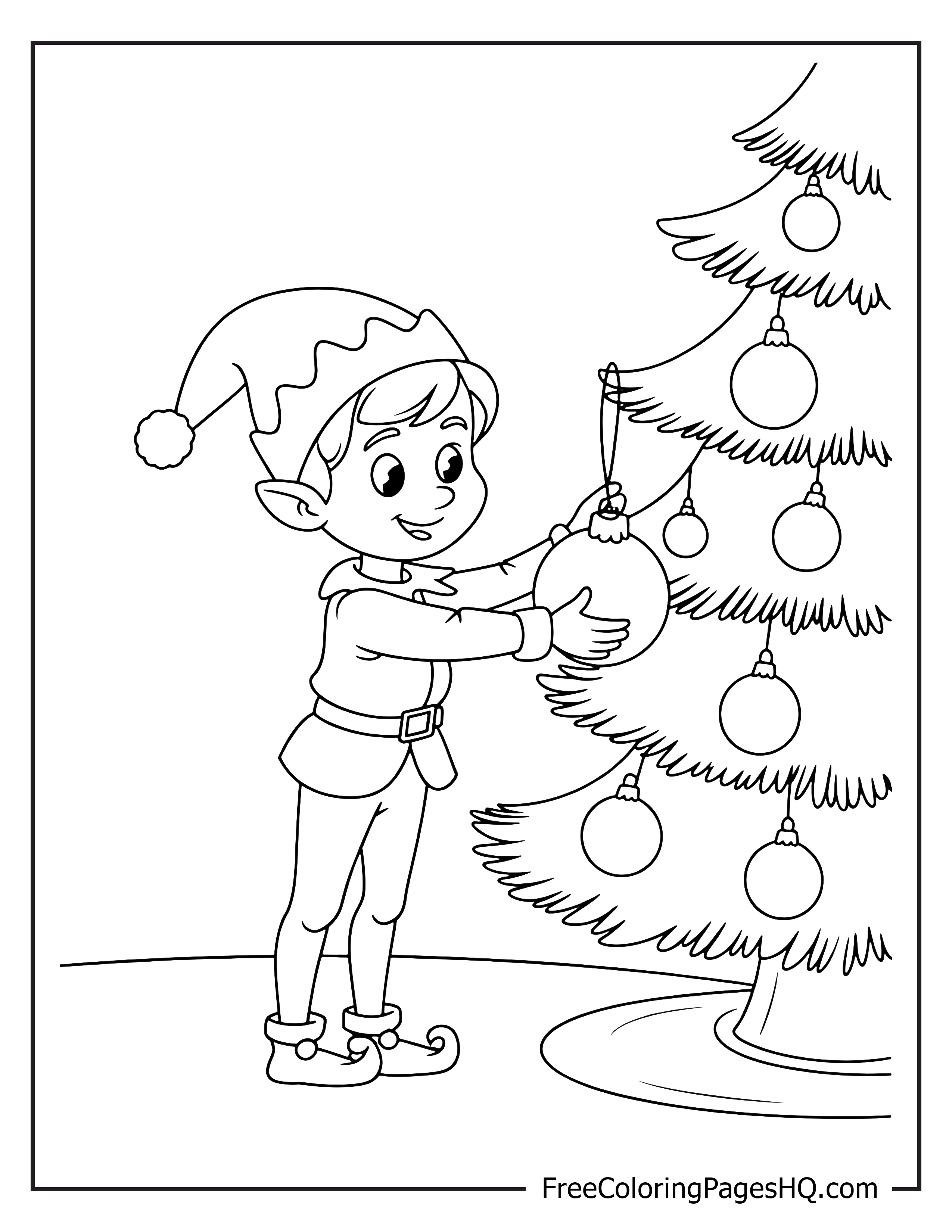 Elf placing ornament on a Christmas tree illustration.
