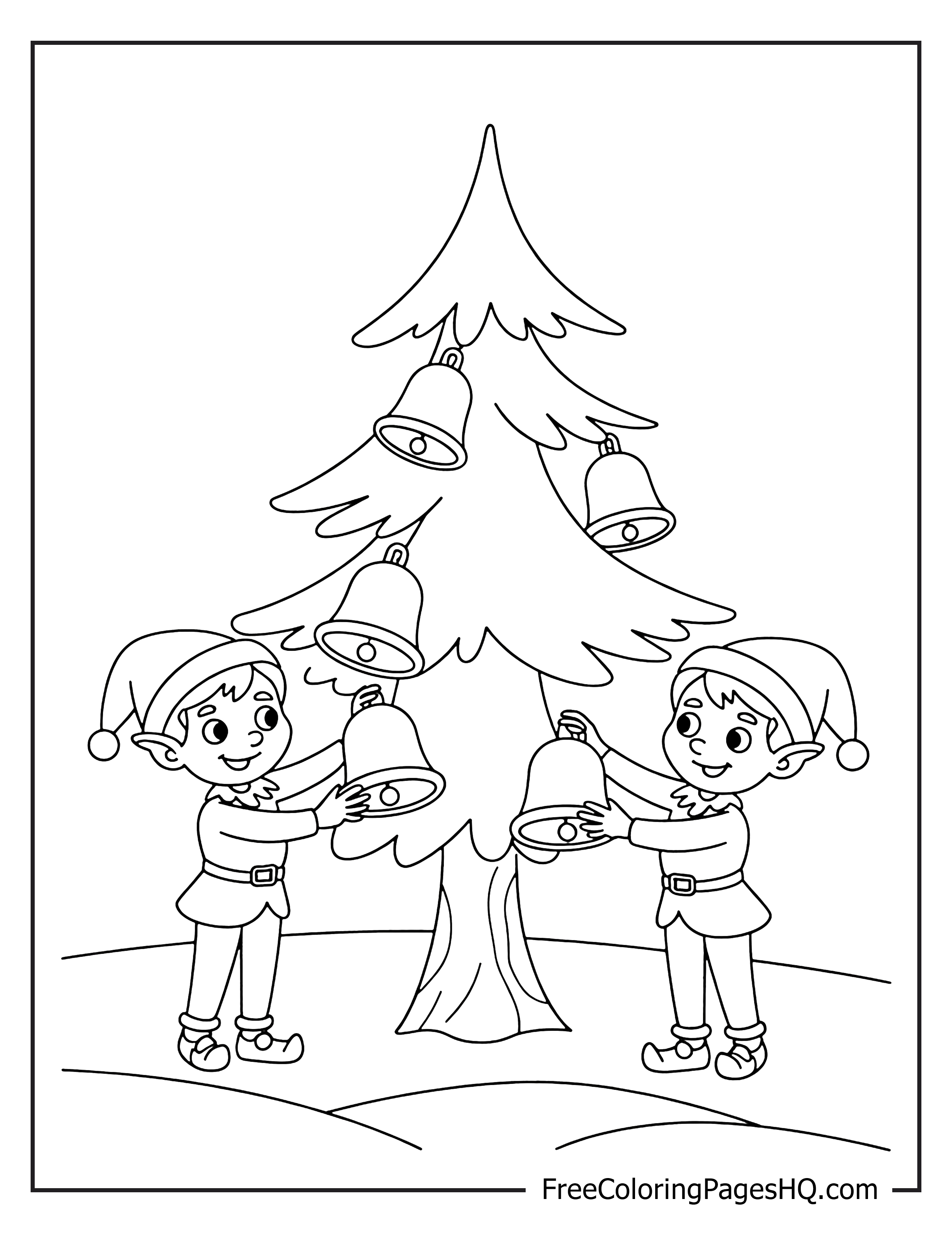Elves hanging bells on a Christmas tree.