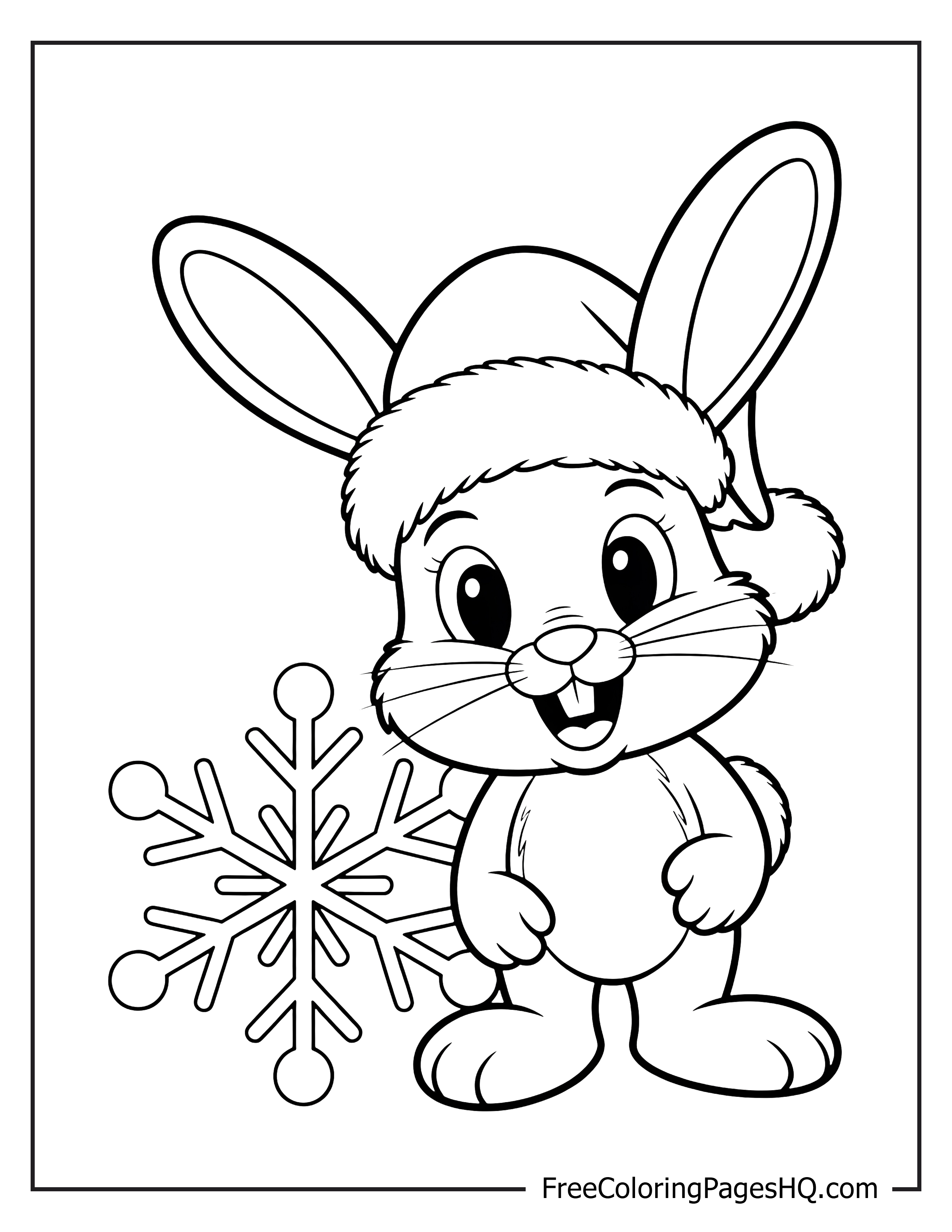 Bunny in a Santa hat with a snowflake.