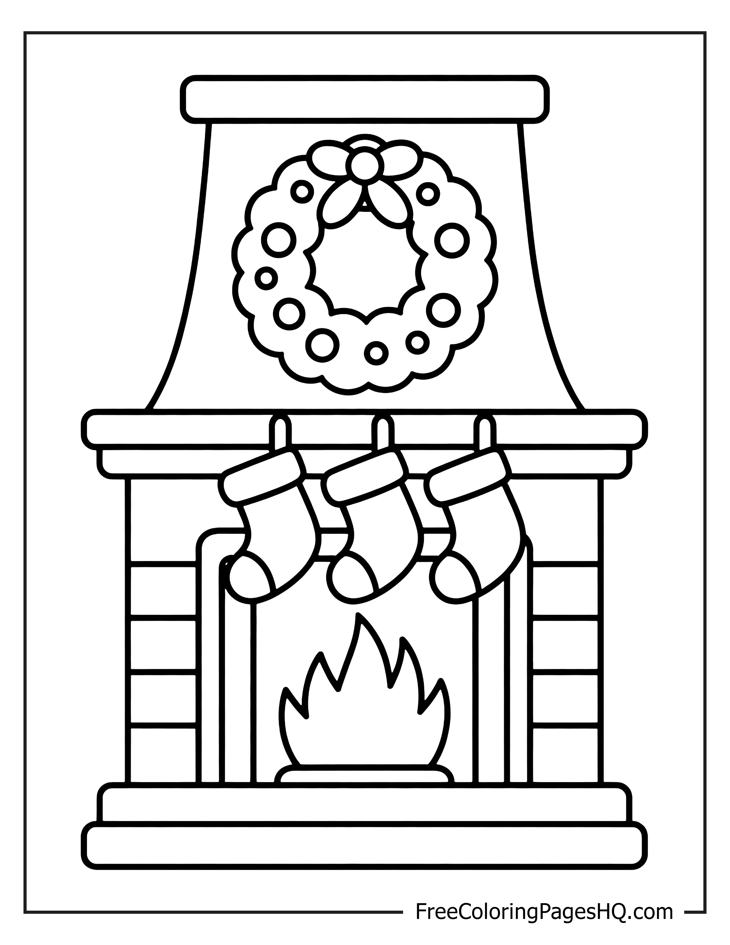Fireplace with stockings and wreath illustration for kids.
