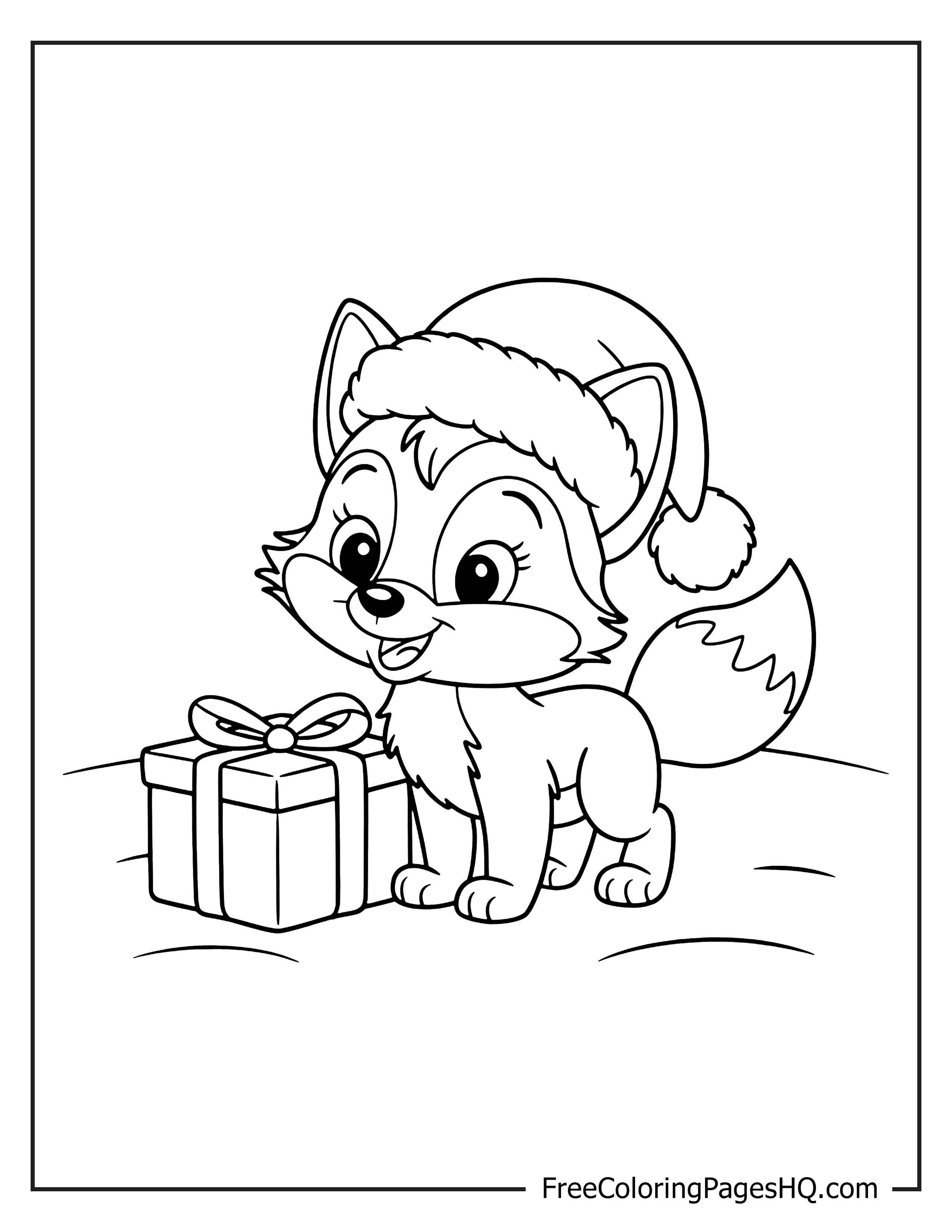 Illustration of a fox in a Santa hat with a present.