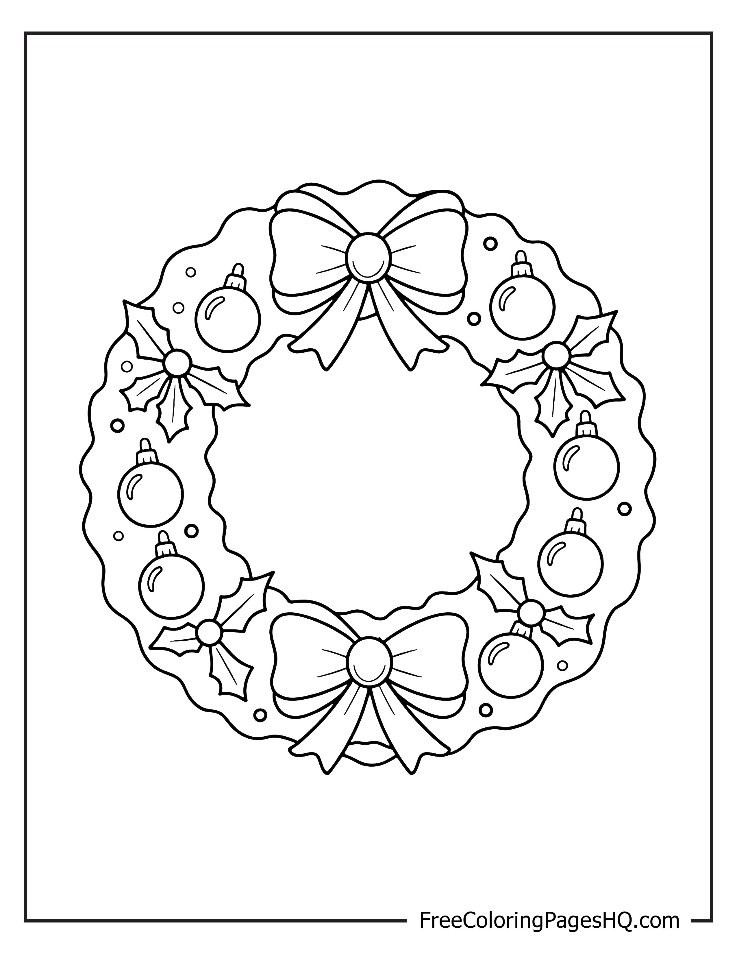 Illustration of a holiday wreath with bows and ornaments.