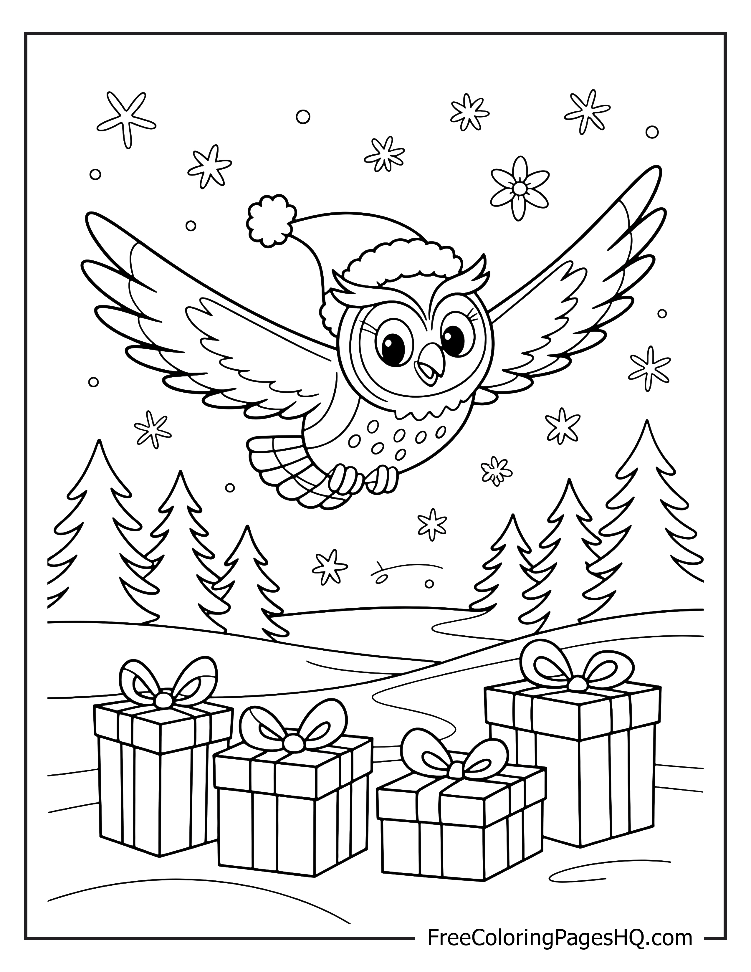 Owl flying over Christmas presents and snowy landscape.