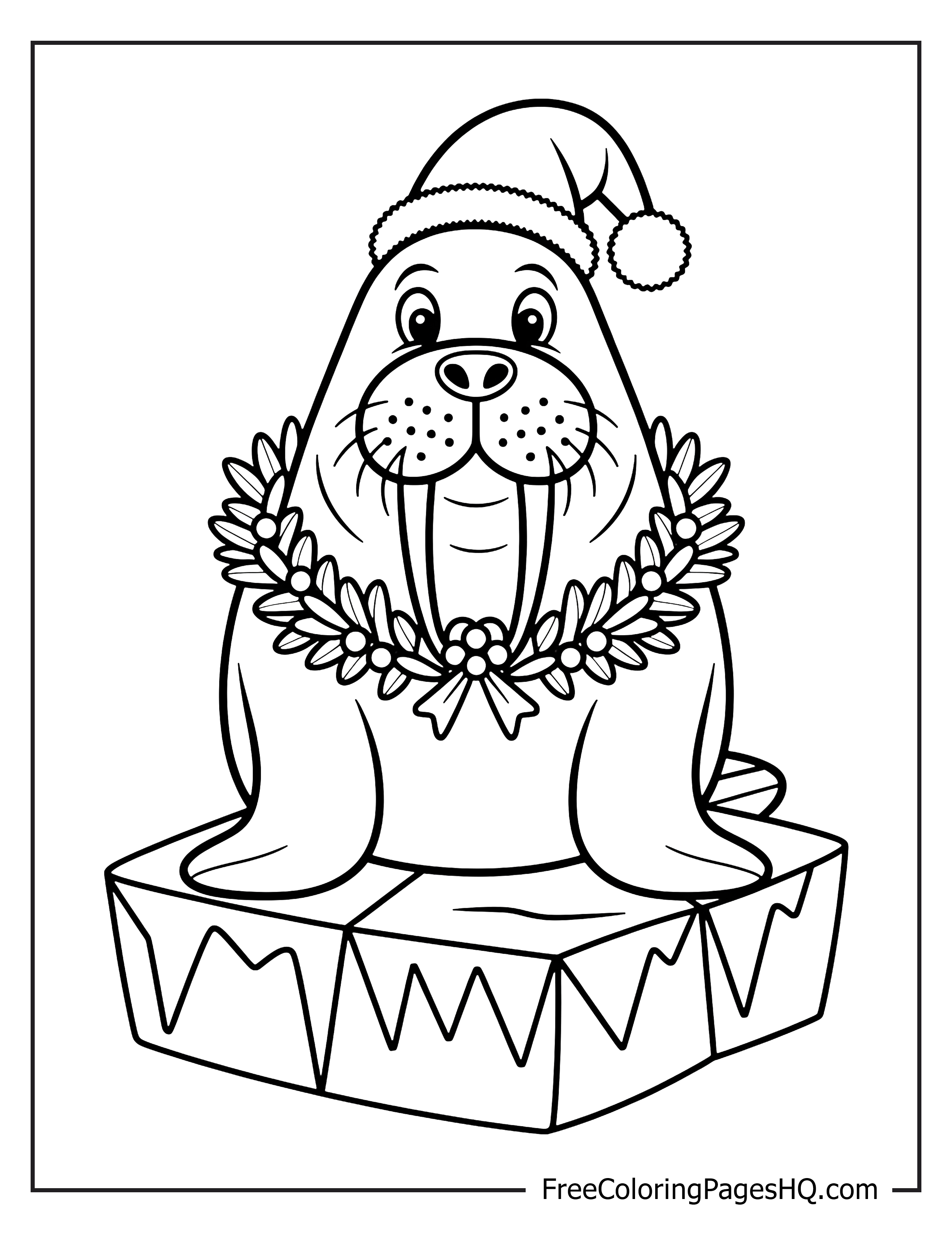 Walrus in a holiday hat and wreath on ice.