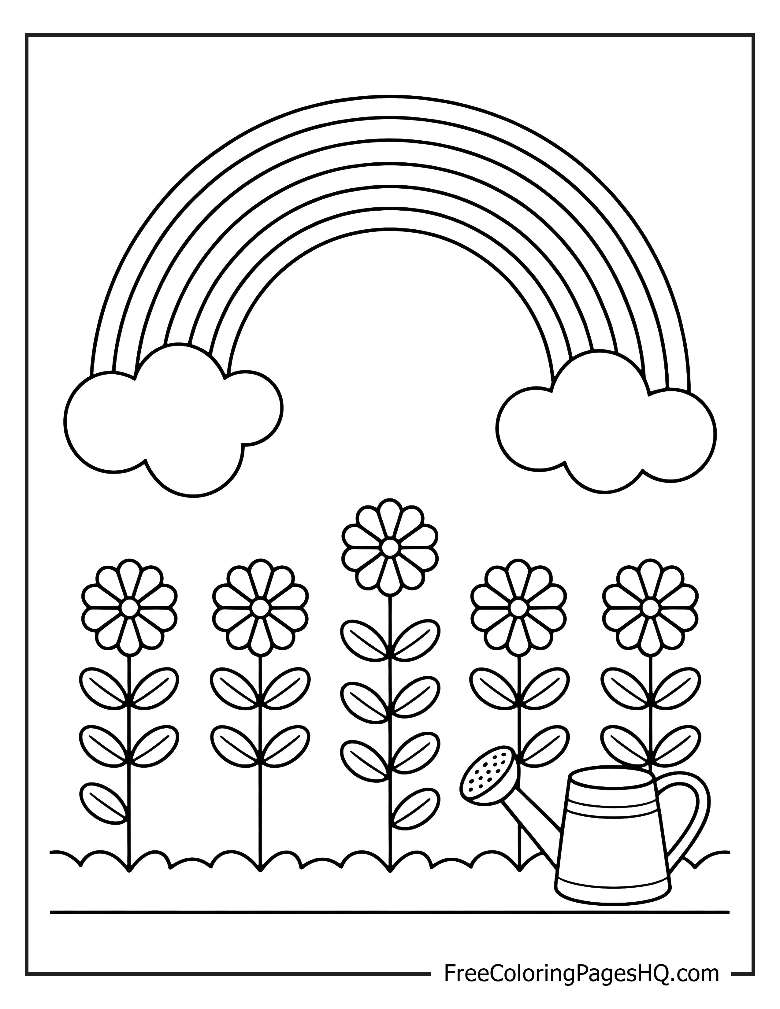 Rainbow over flowers and watering can illustration.