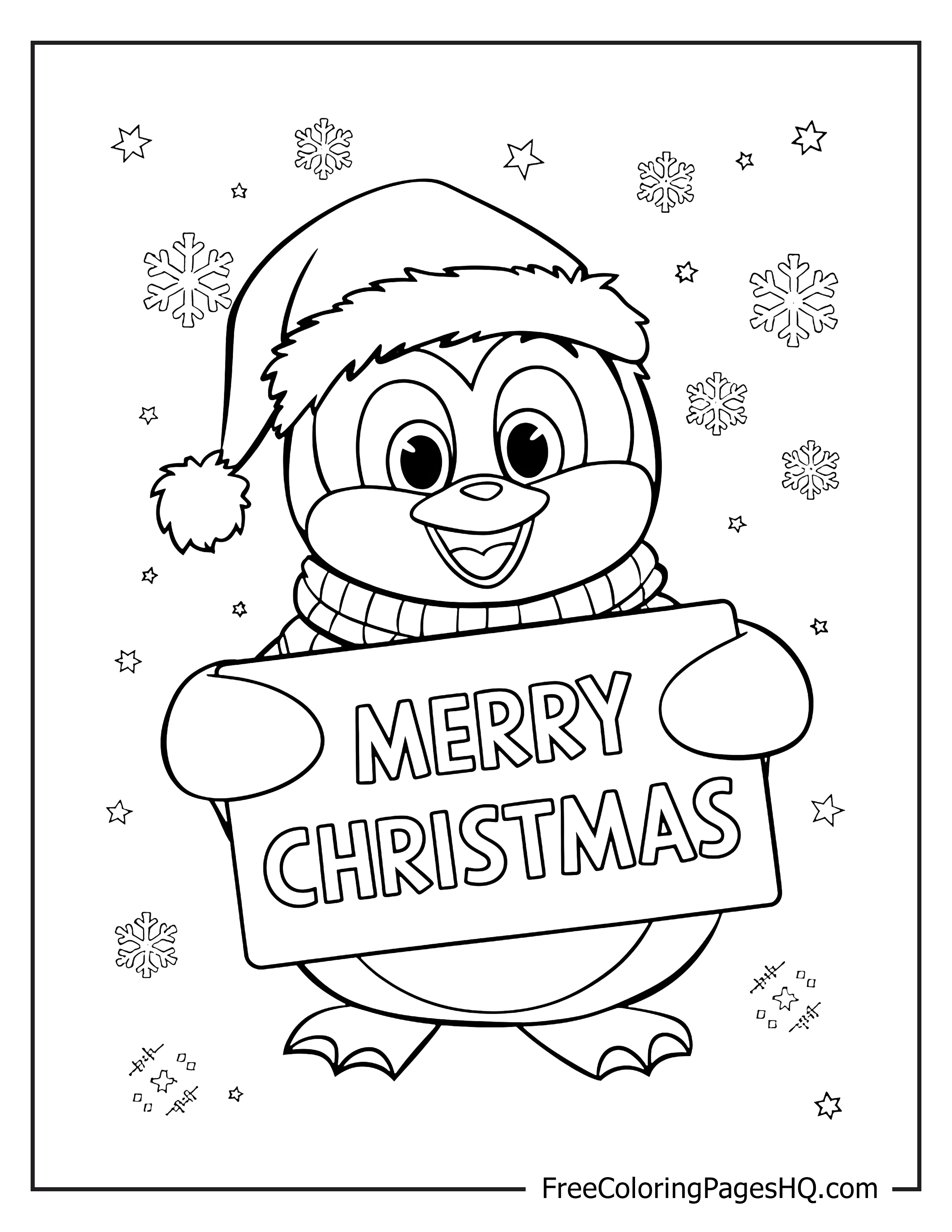 Penguin in a Santa hat with a festive sign.