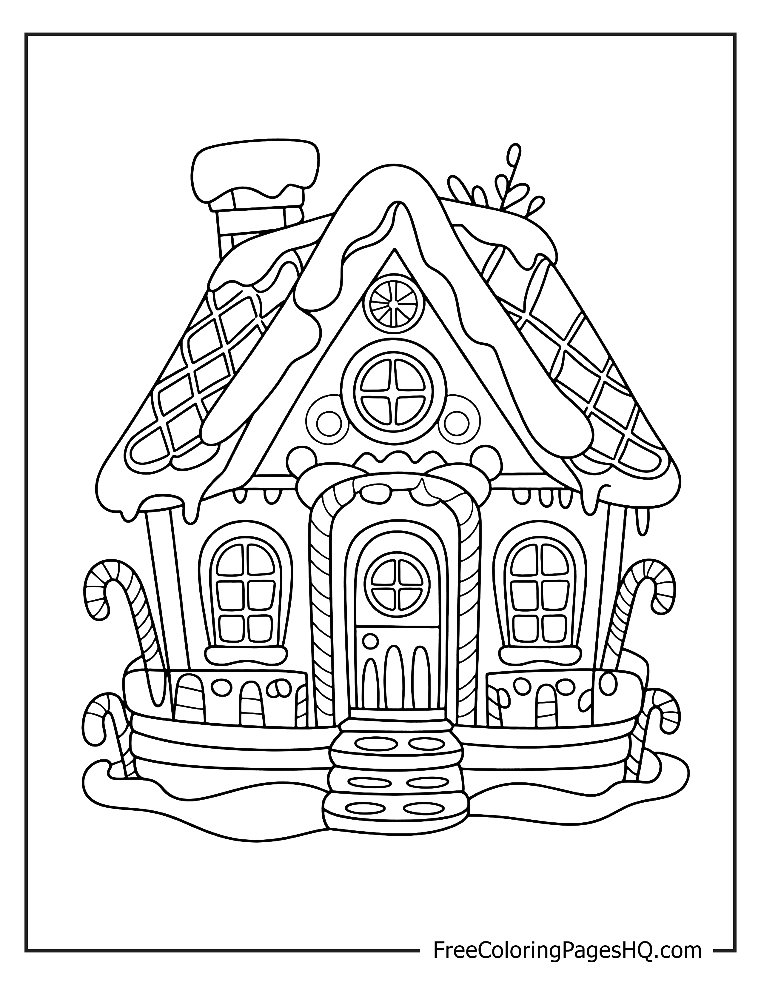 Illustration of a gingerbread house decorated with candy.