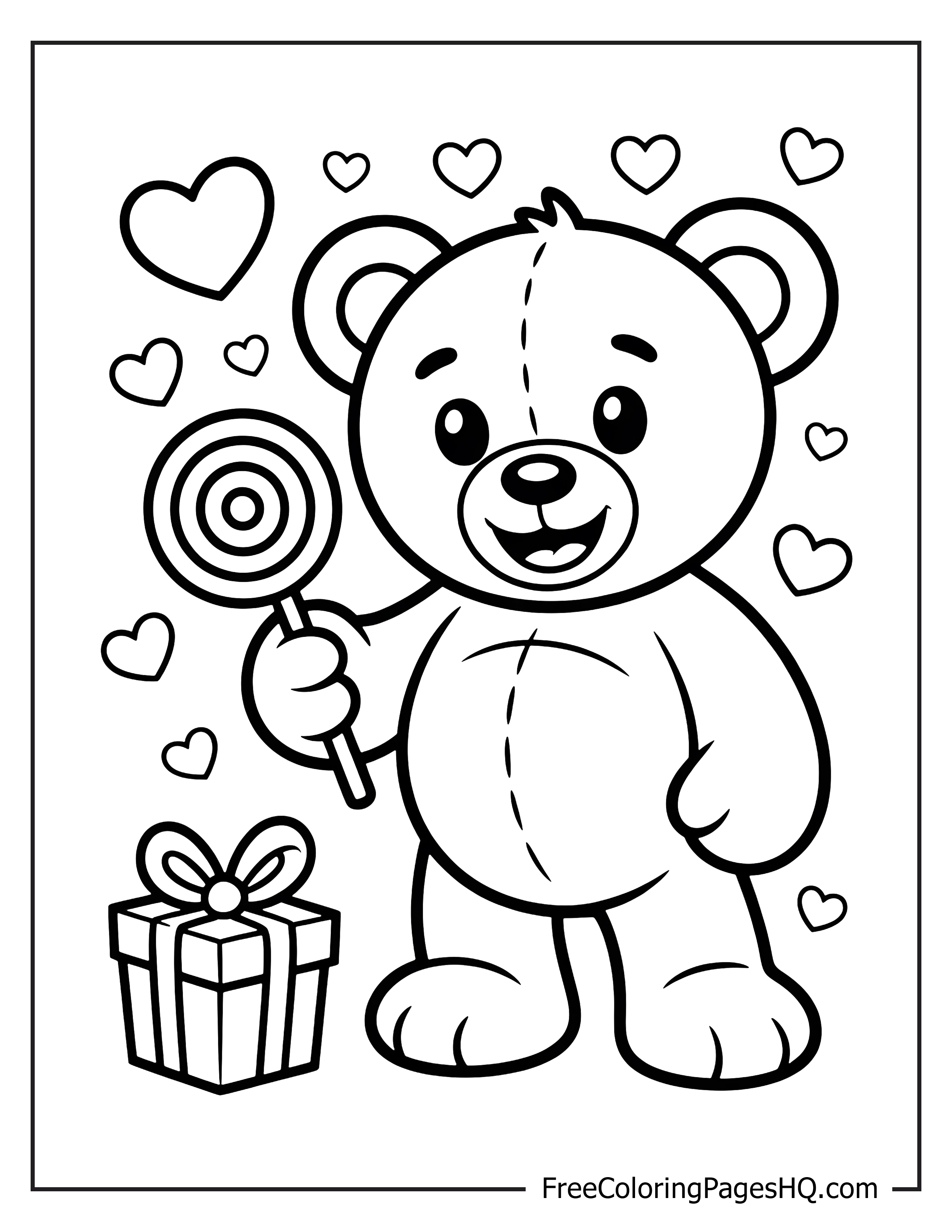Cute bear with a lollipop surrounded by hearts and a present.