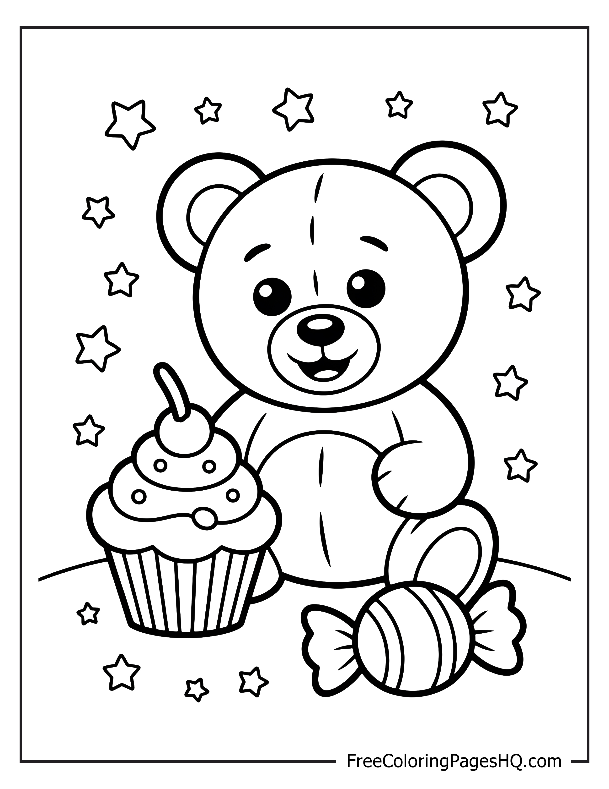 Cartoon bear enjoying sweets surrounded by floating stars.