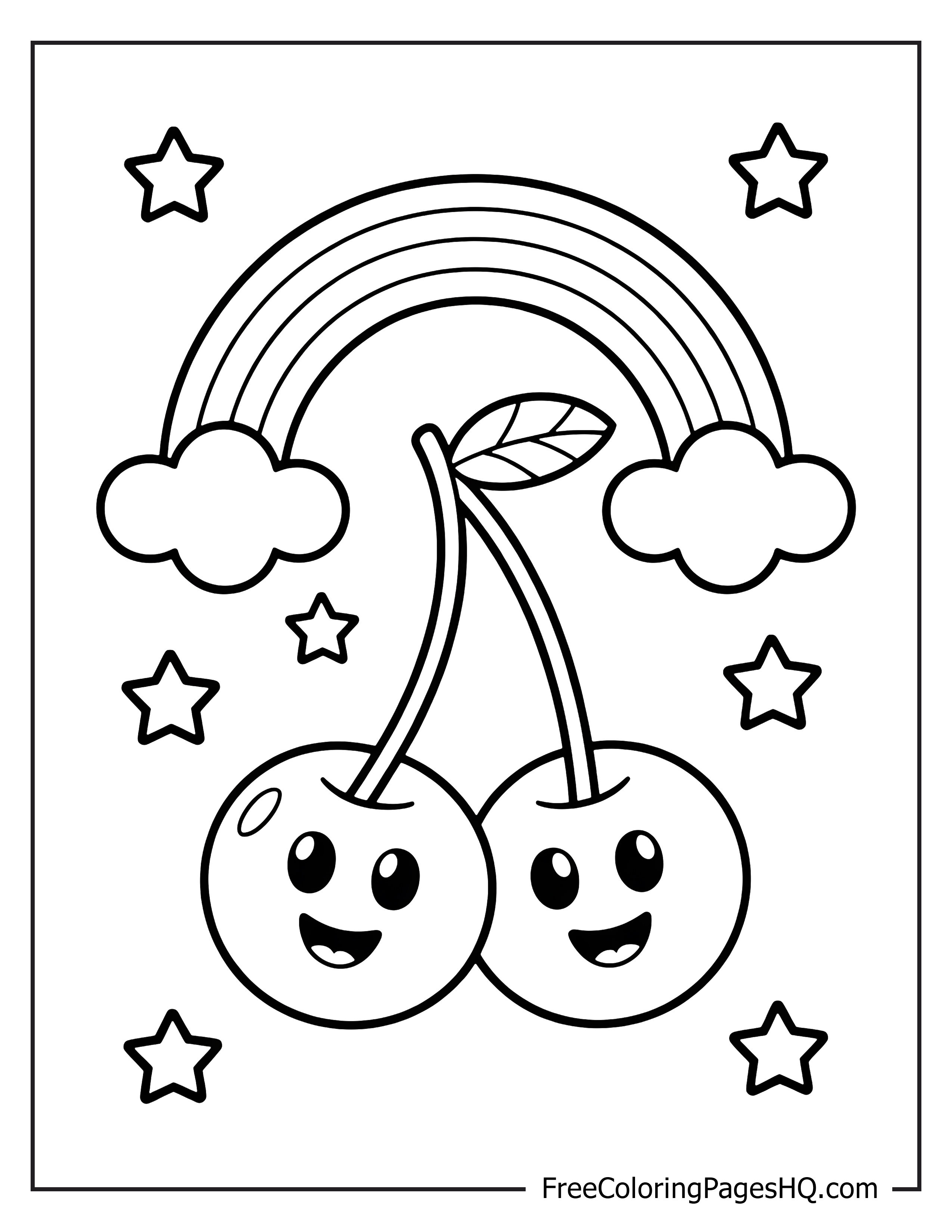 Smiling cherries with a rainbow, clouds, and stars.