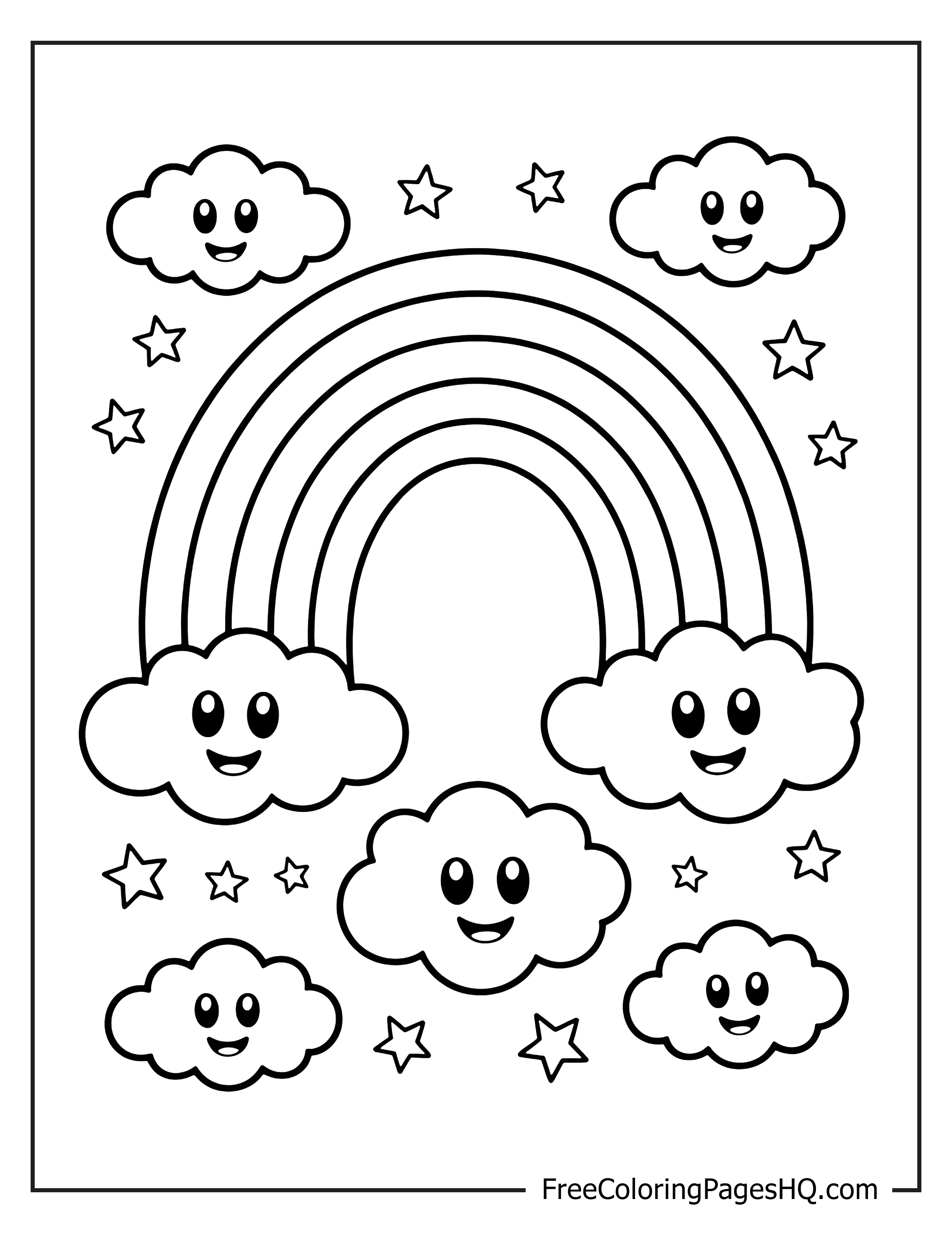 Illustration of happy clouds and a vibrant rainbow.