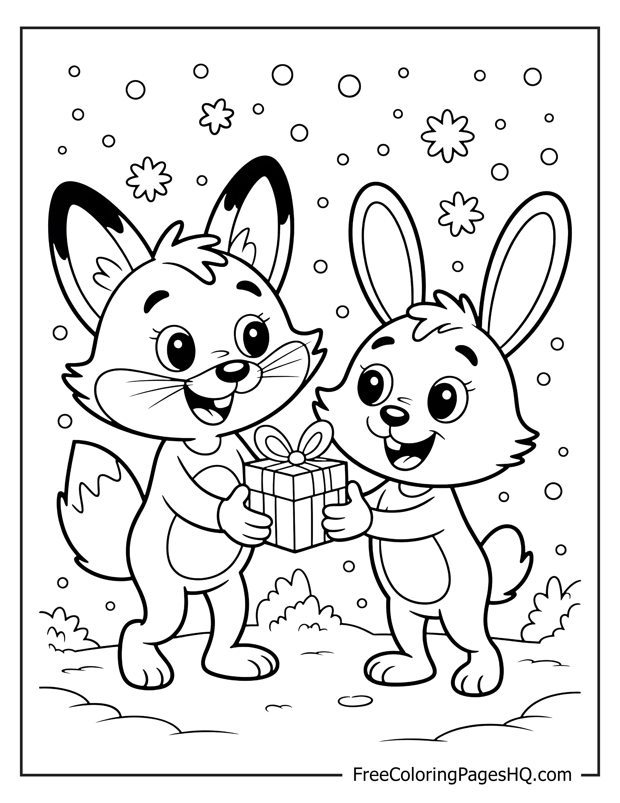 Fox and bunny sharing a gift in a playful scene.