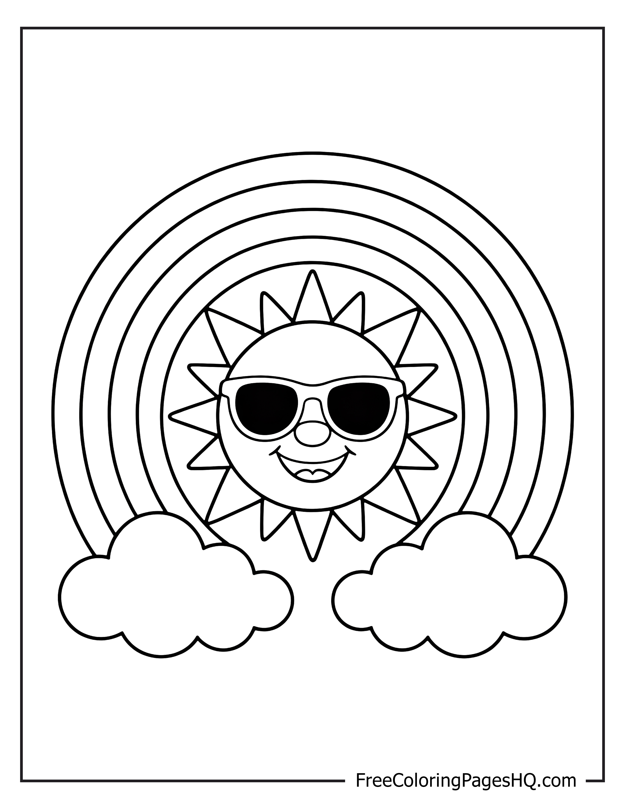 Sun wearing sunglasses under a rainbow with clouds.