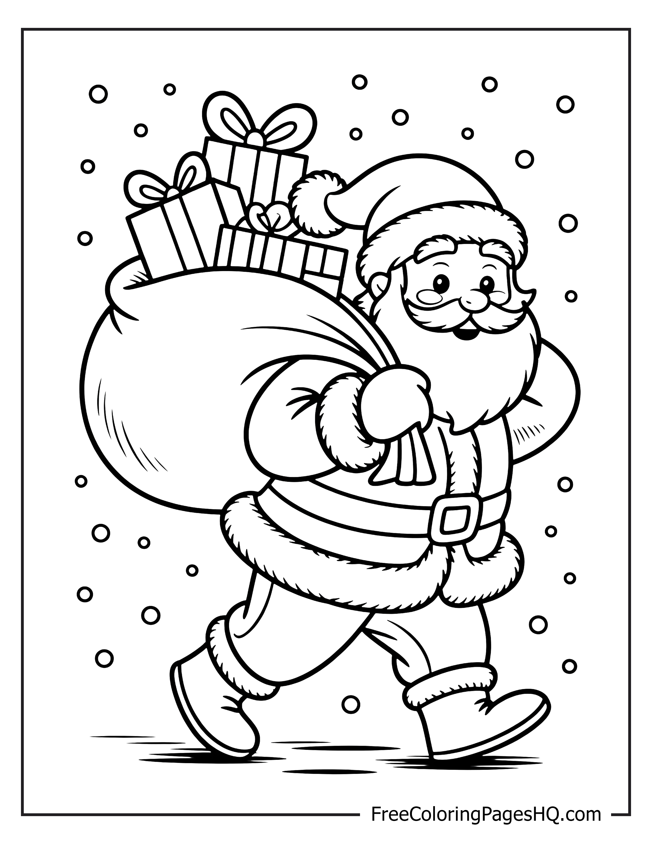 Smiling Santa with a sack of presents in a snowy scene.