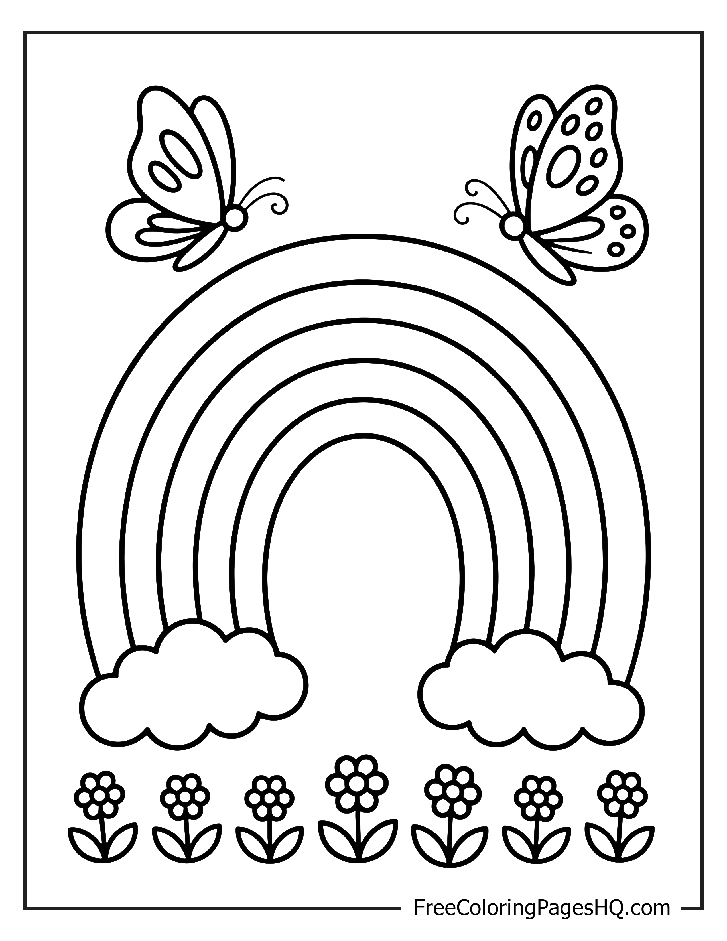 Butterflies, rainbow, clouds, and flowers illustration for children.