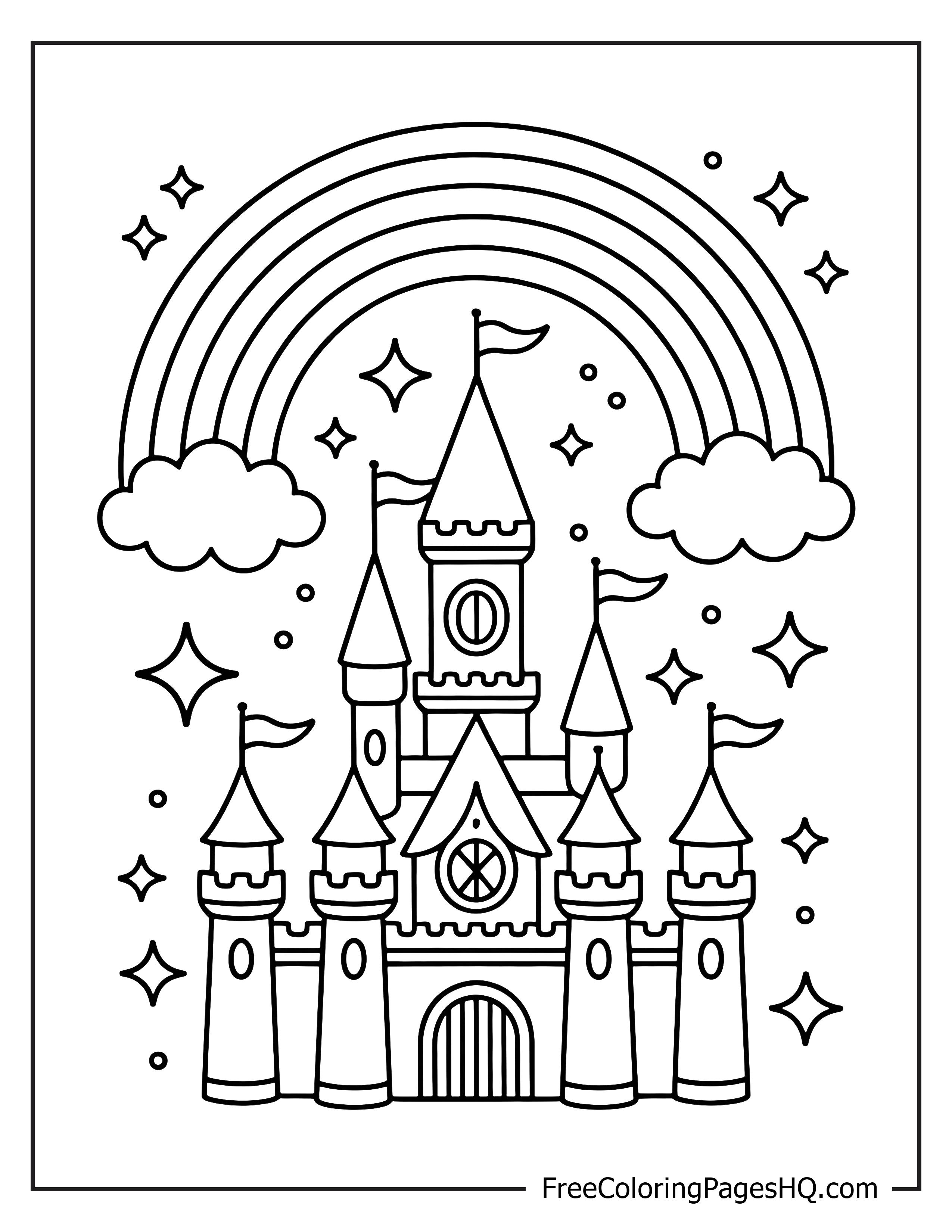 Castle with rainbow, clouds, and stars illustration.