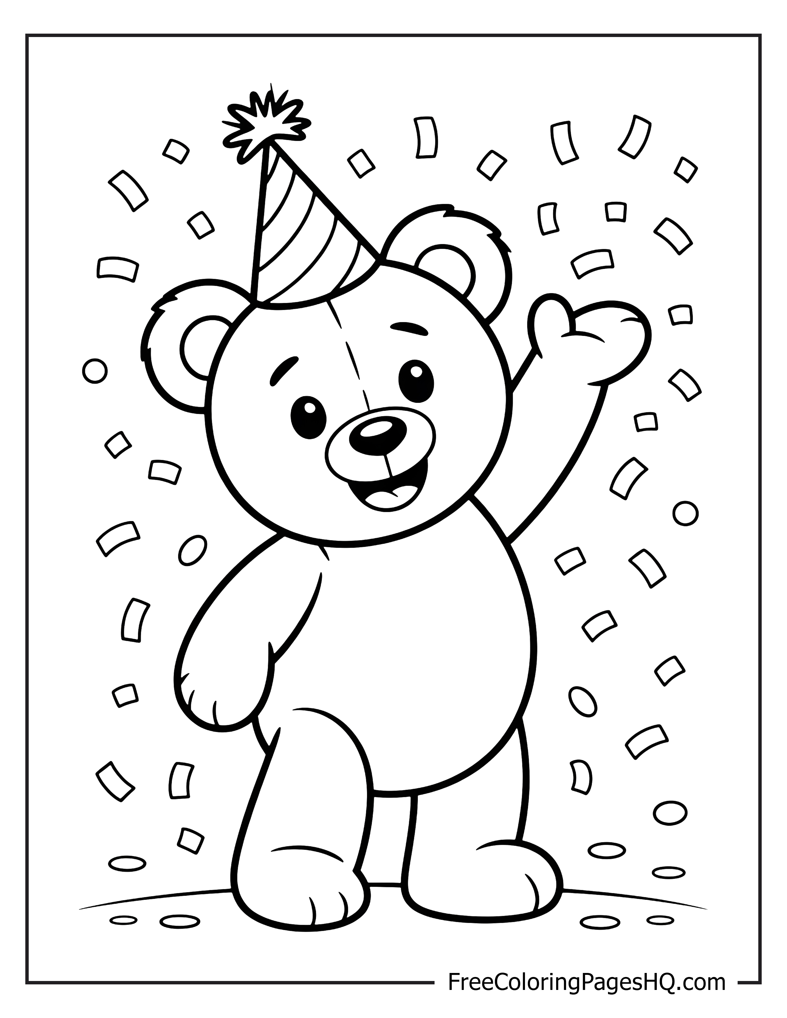 Bear with party hat and confetti swirling around.