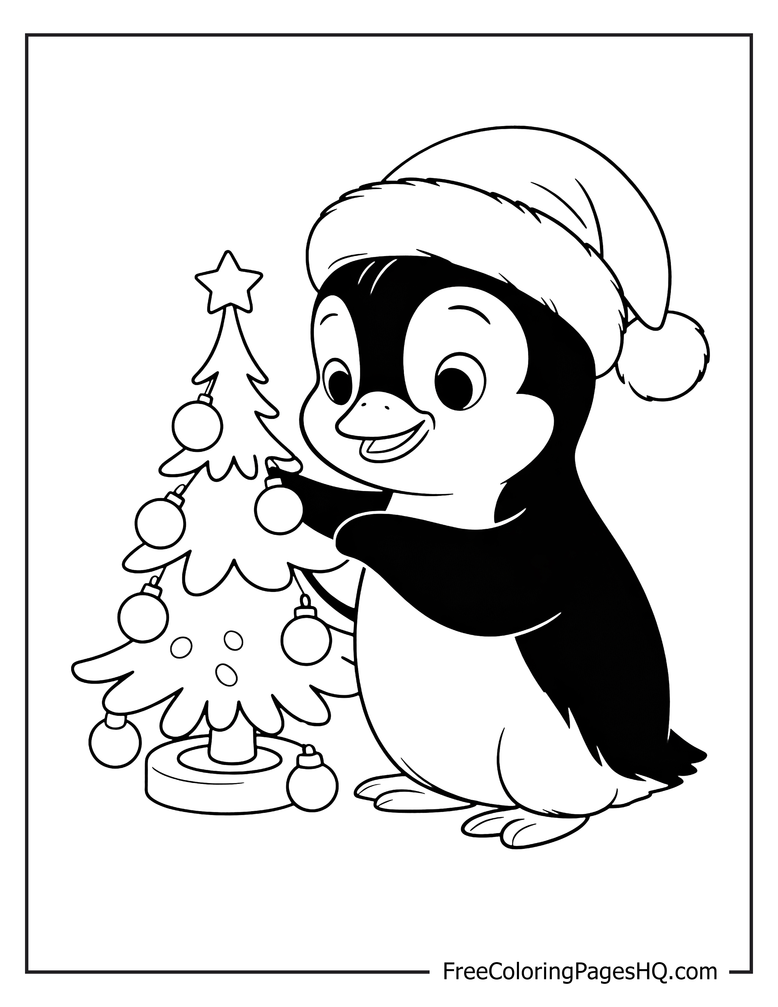 Penguin happily decorating a Christmas tree for the holidays.