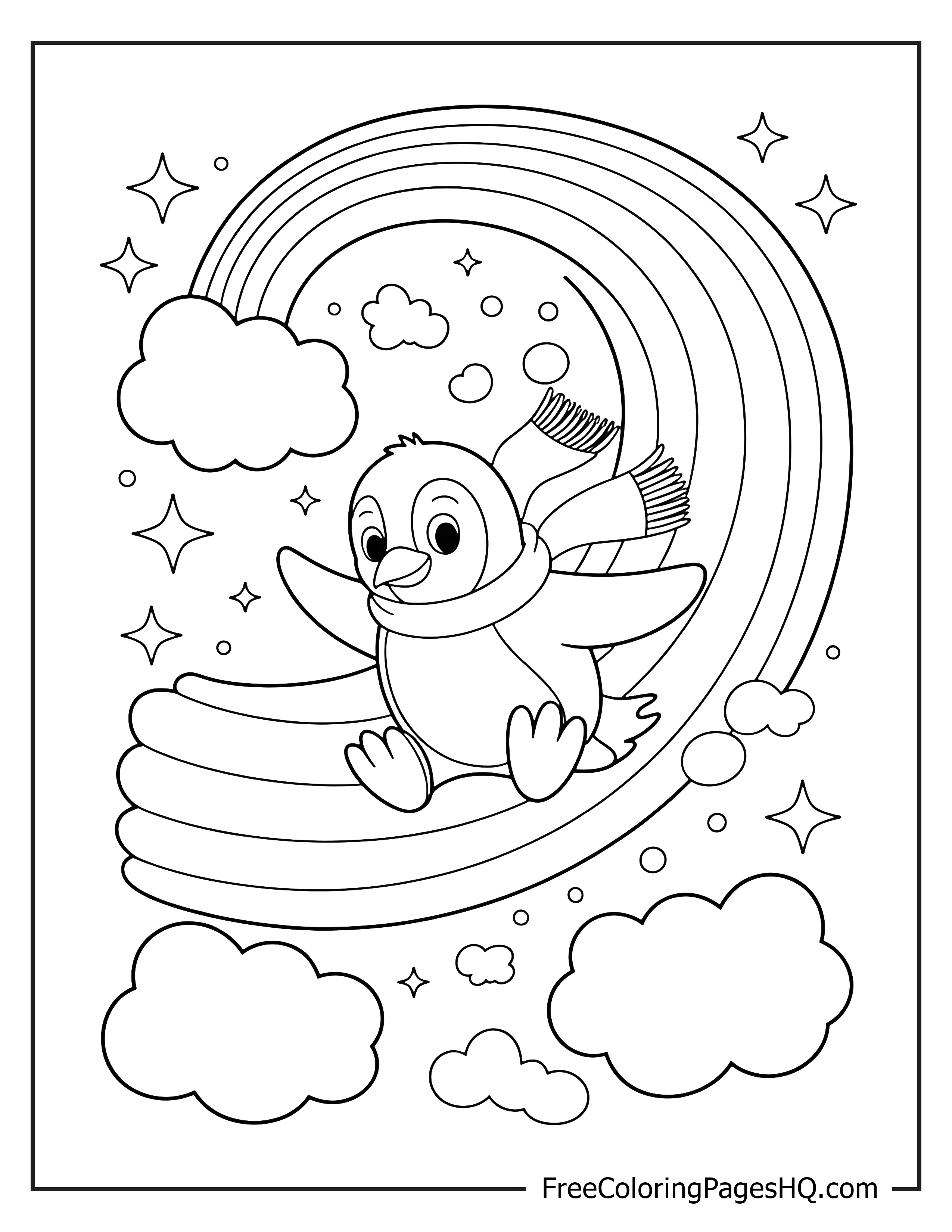 Happy penguin sliding on a rainbow with clouds and stars.