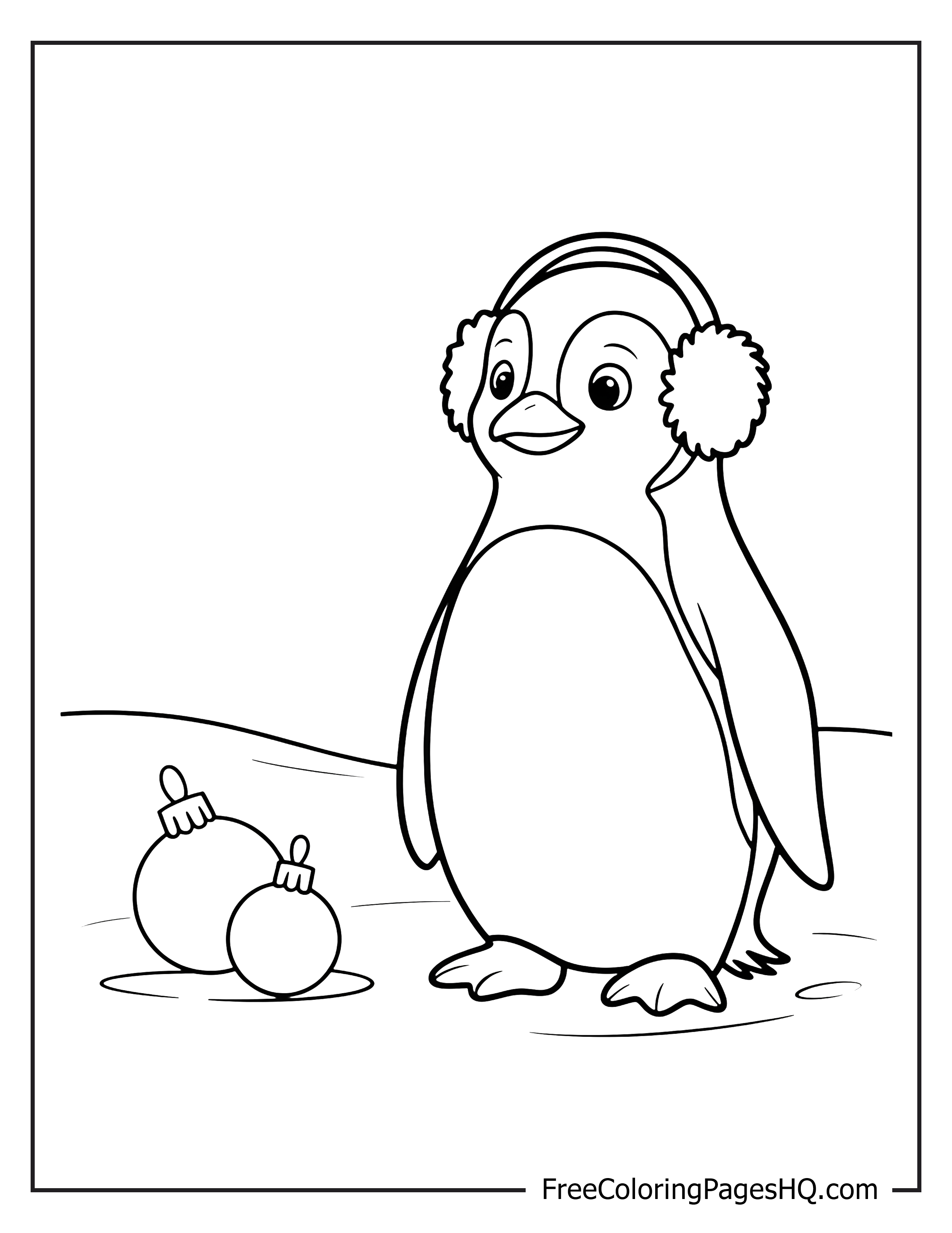 Cute penguin with earmuffs and holiday ornaments.