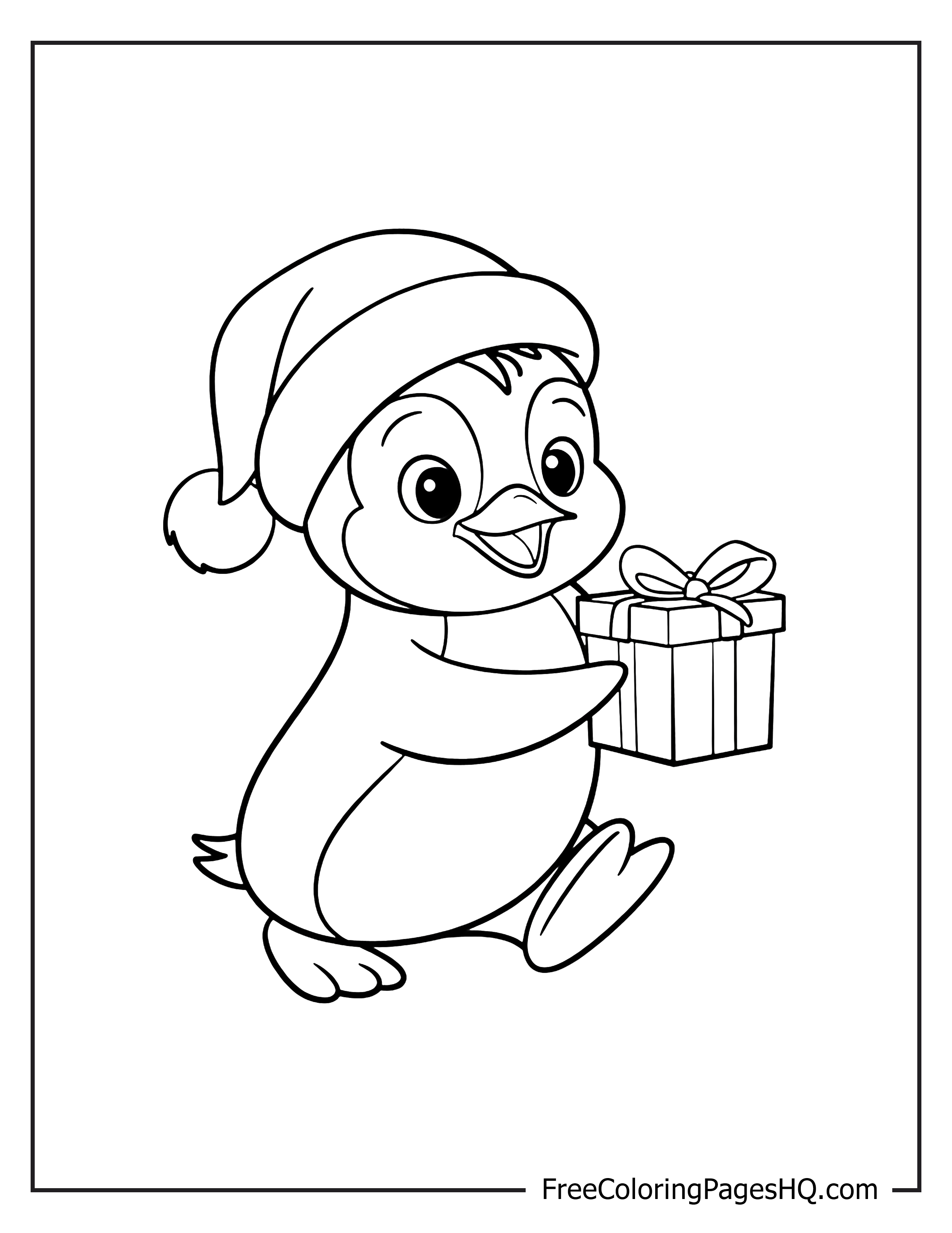 Illustration of a penguin in a Santa hat with a present.