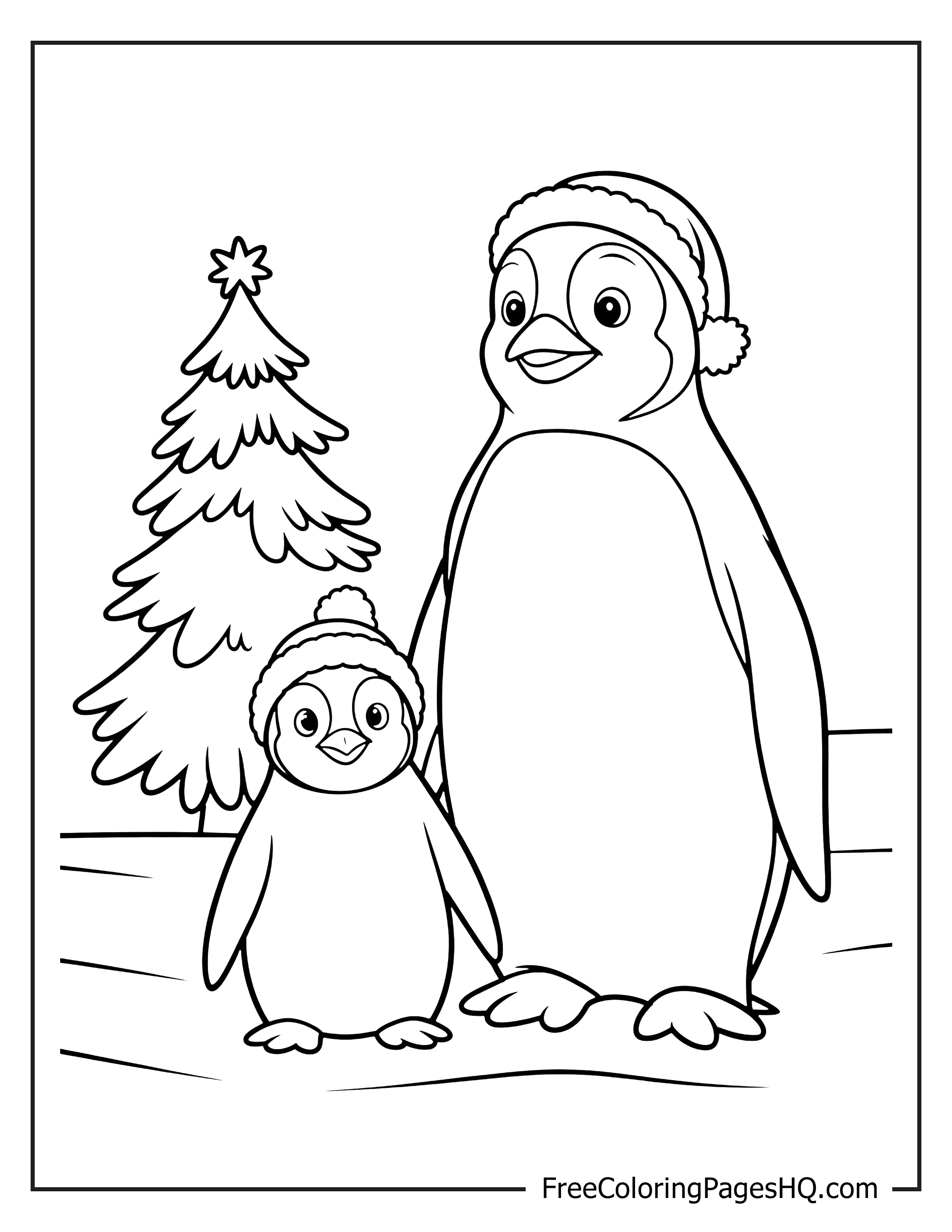 Penguins wearing hats next to a festive tree.
