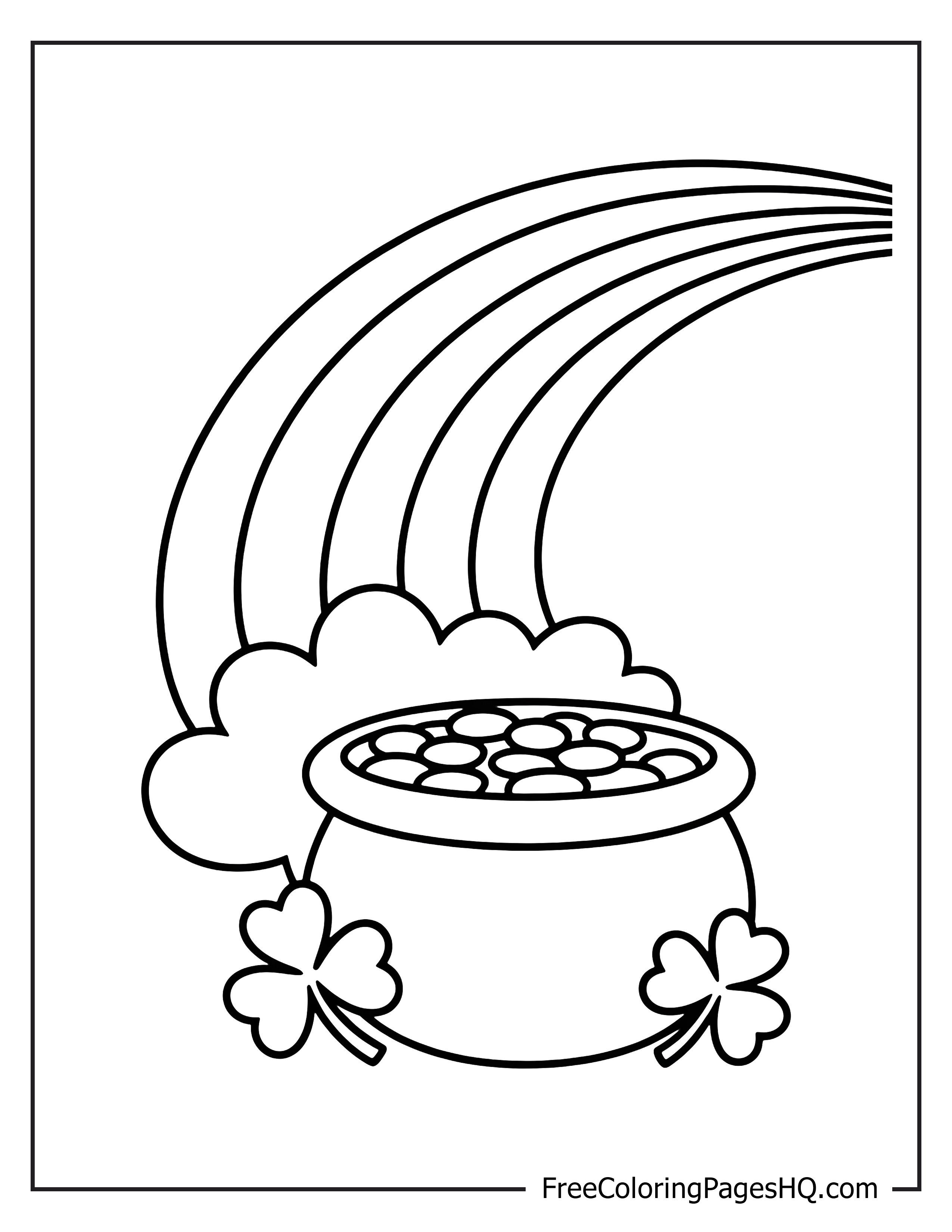 Illustration of a pot of gold under a rainbow with clovers.