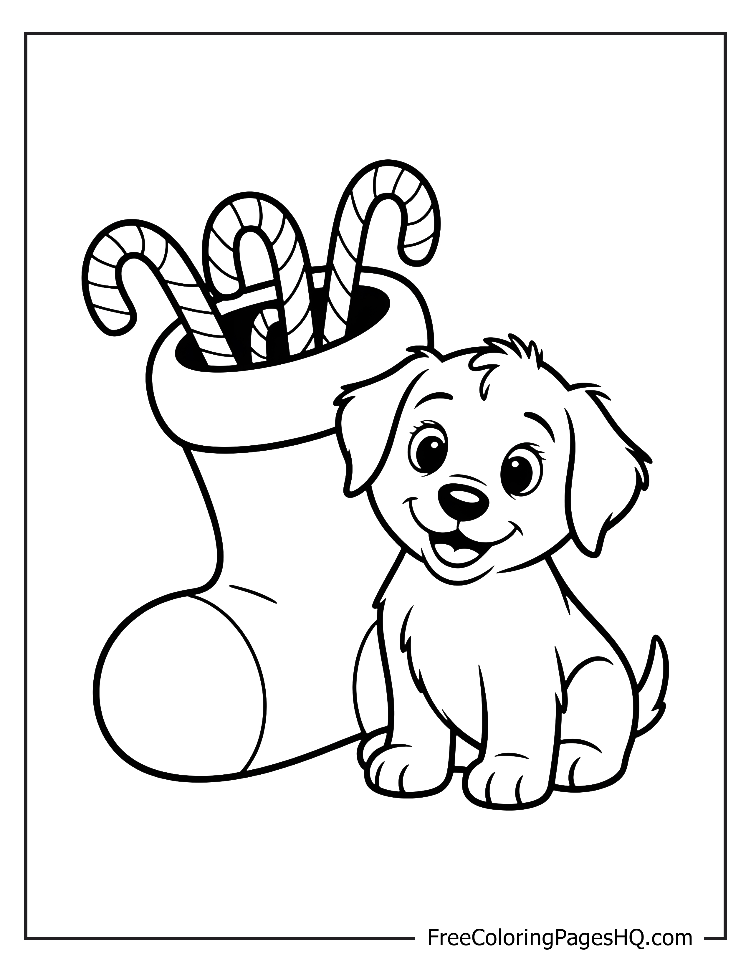 Smiling puppy with a Christmas stocking of candy canes.