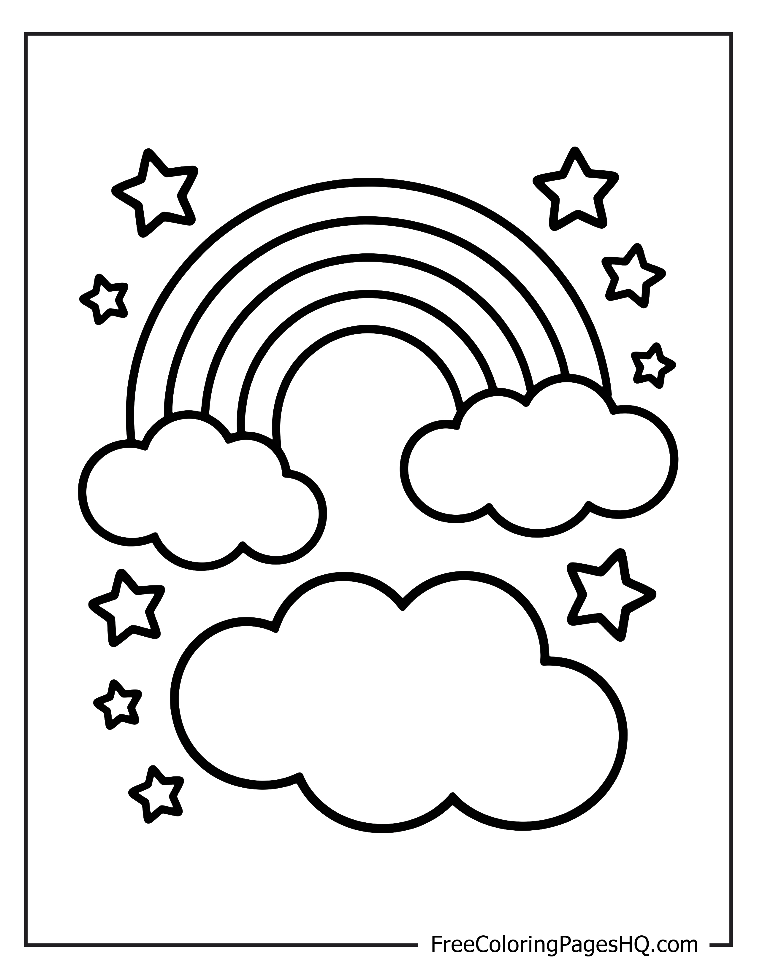 Happy rainbow, clouds, and stars illustration for kids.
